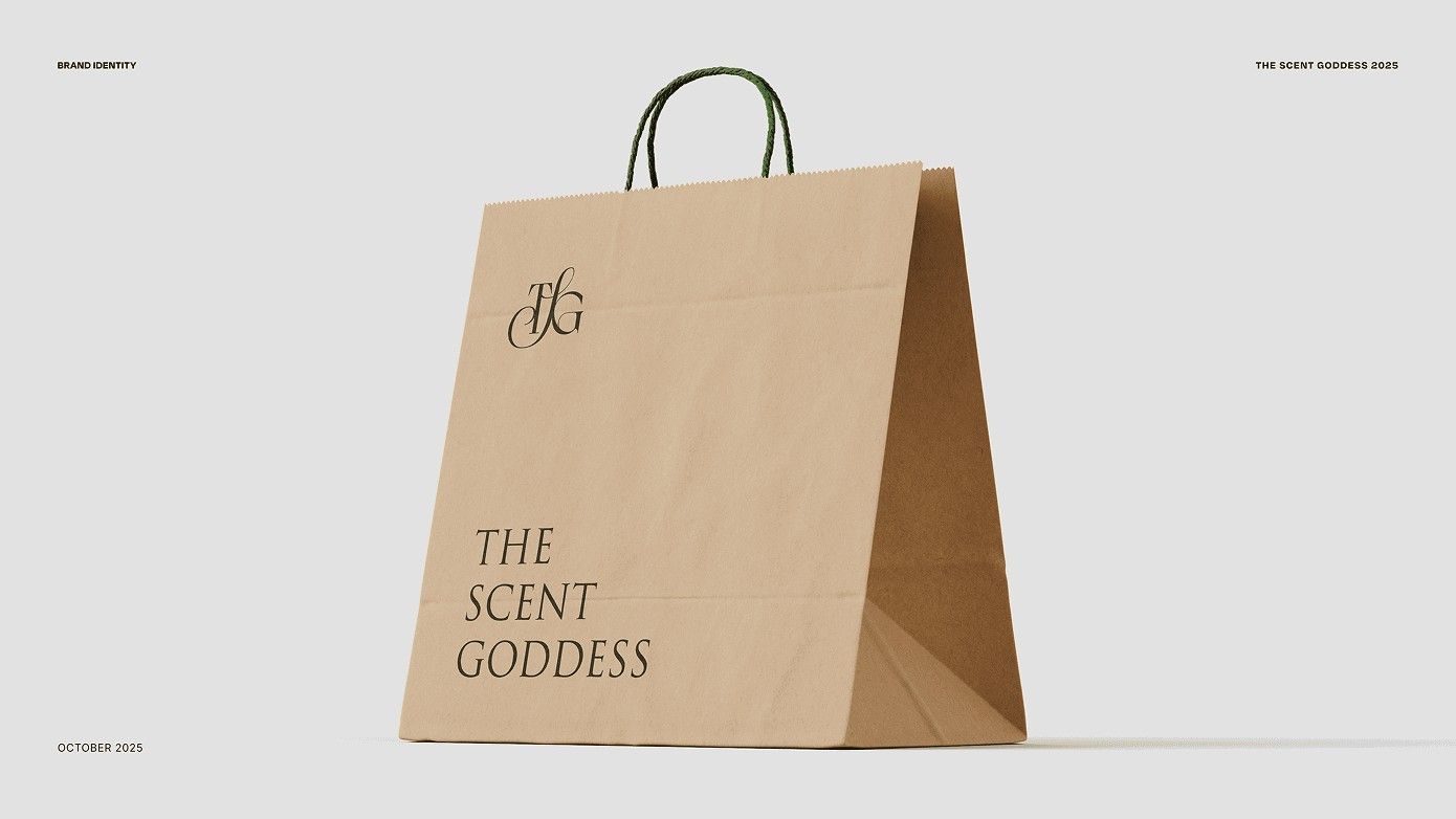 Kraft paper shopping bag with The Scent Goddess wordmark