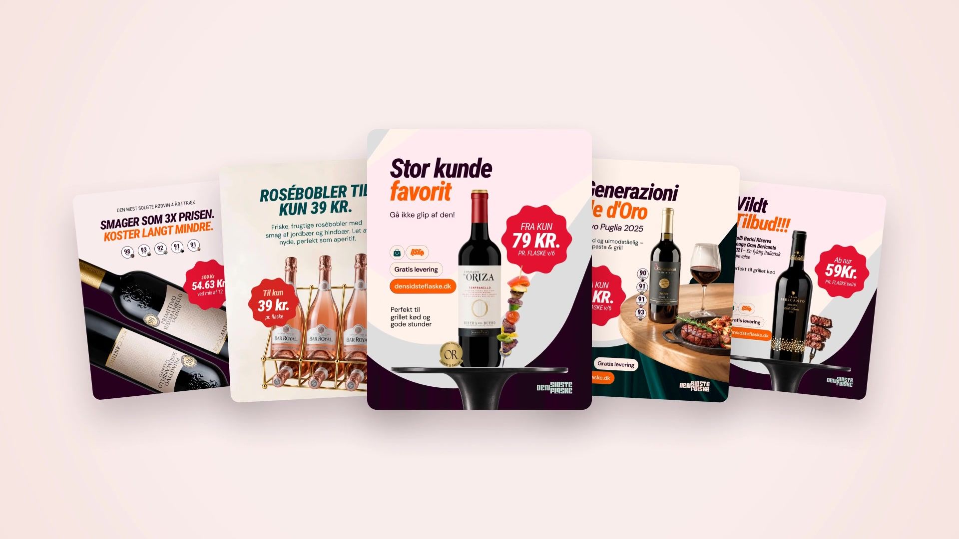 Five Den Sidste Flaske social ads in a row: Boccantino, Rosébobler, Oriza, 3 Generazioni and Colli Berici