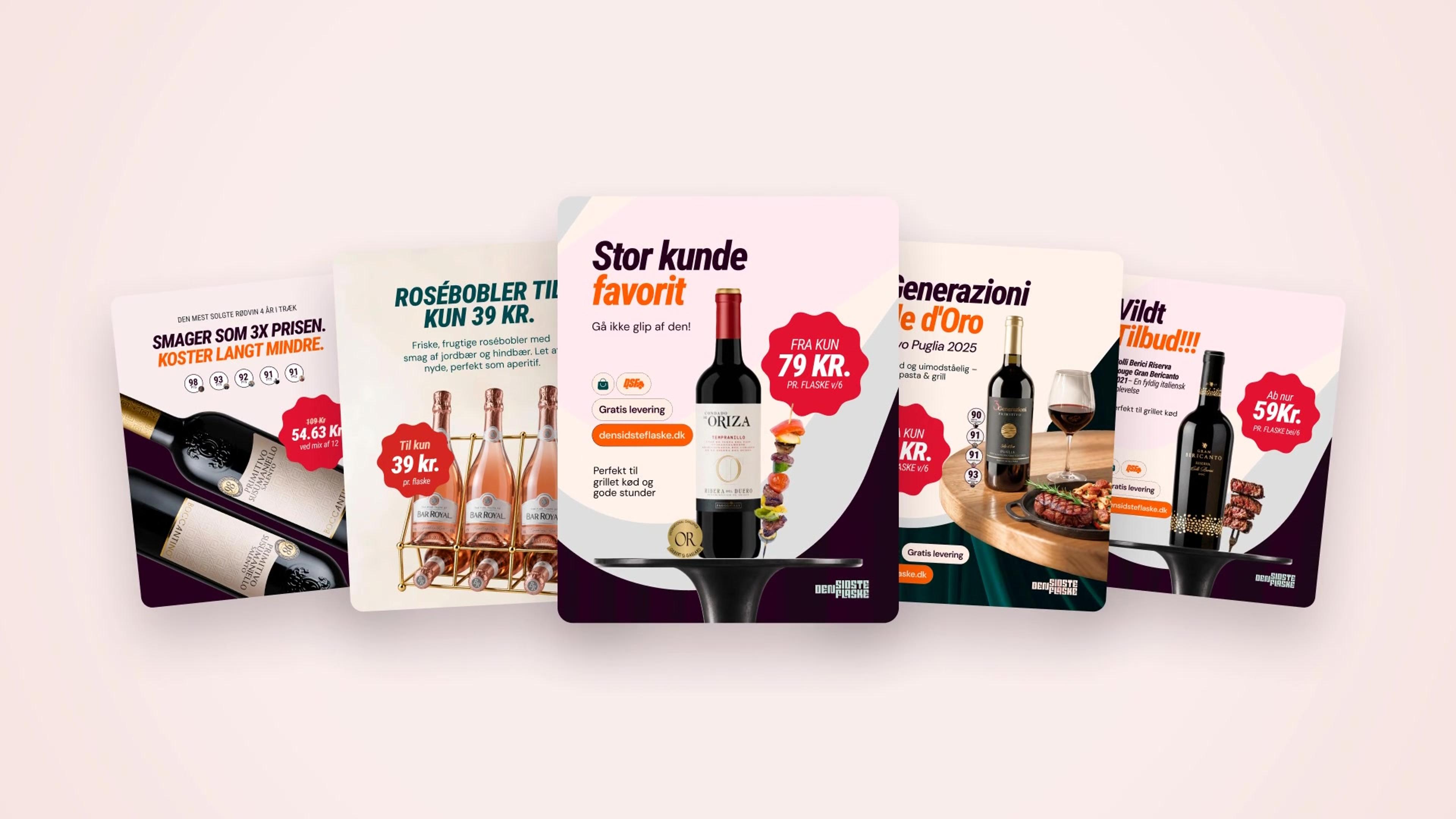 Five Den Sidste Flaske social ads in a row: Boccantino, Rosébobler, Oriza, 3 Generazioni and Colli Berici