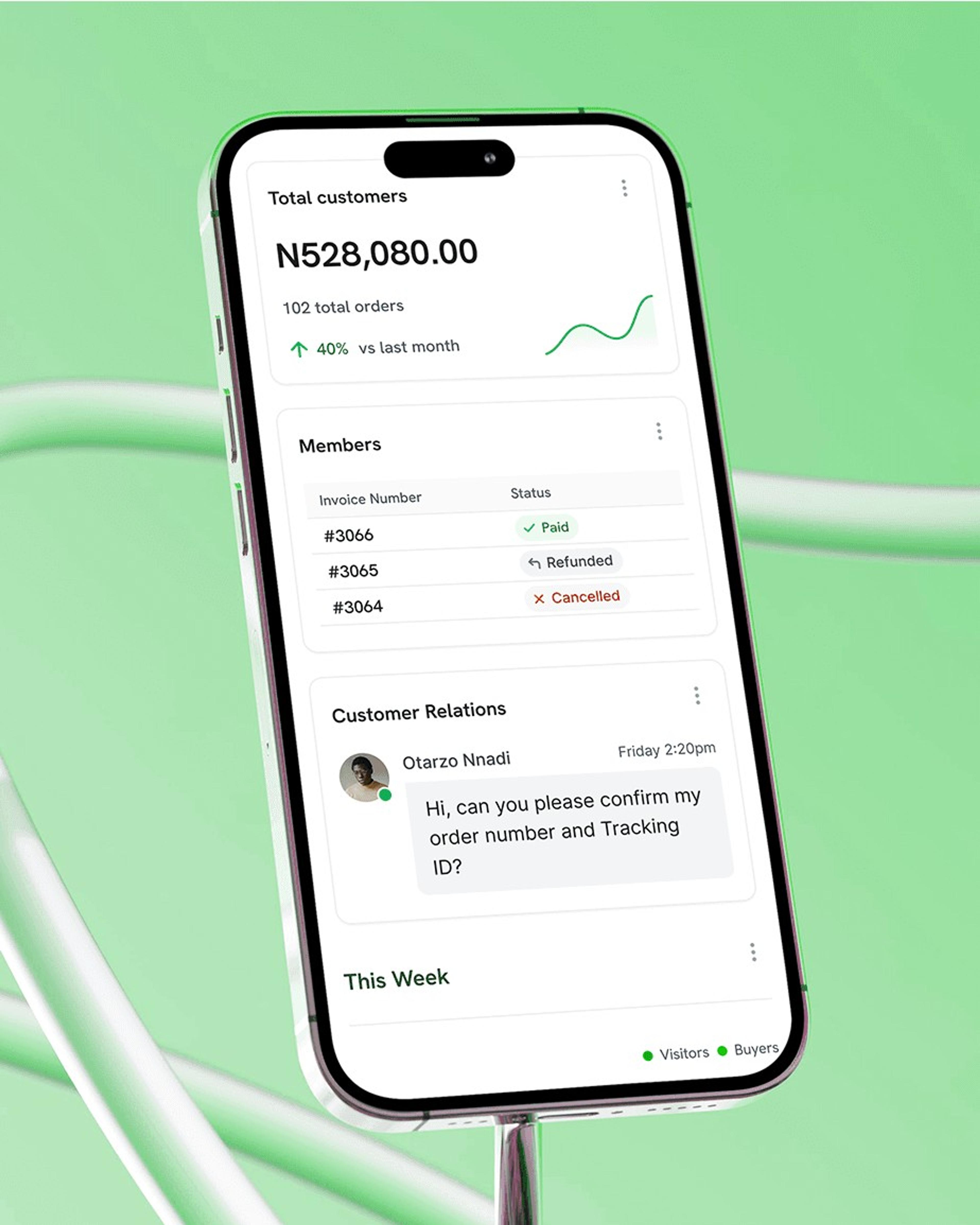Enegify customer stats and messages on a phone