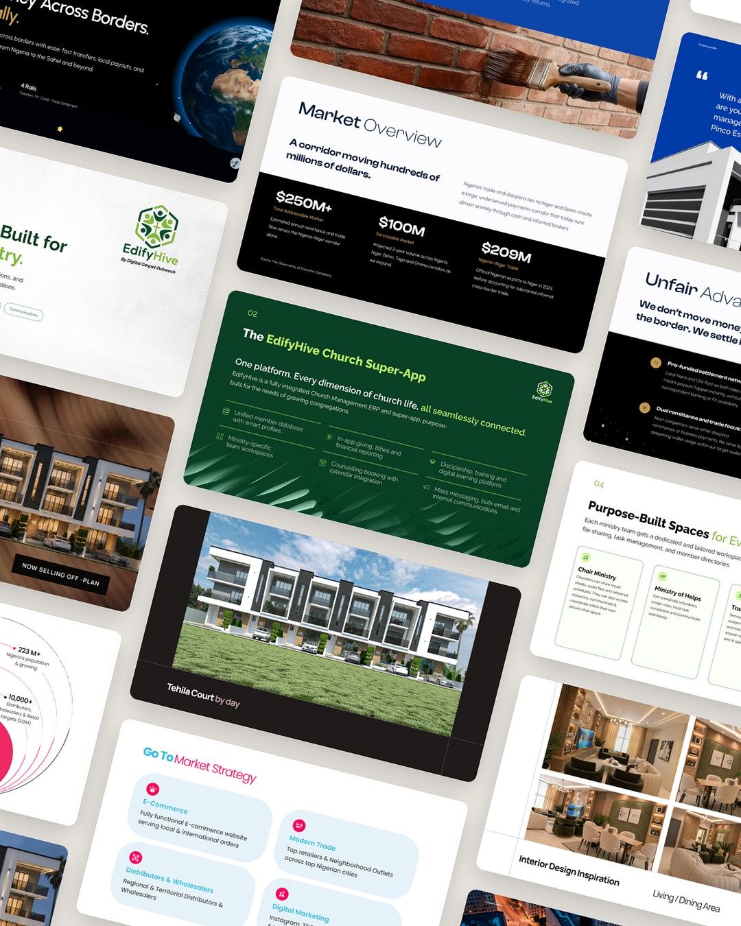 A drifting wall of pitch deck, company profile and brochure slides