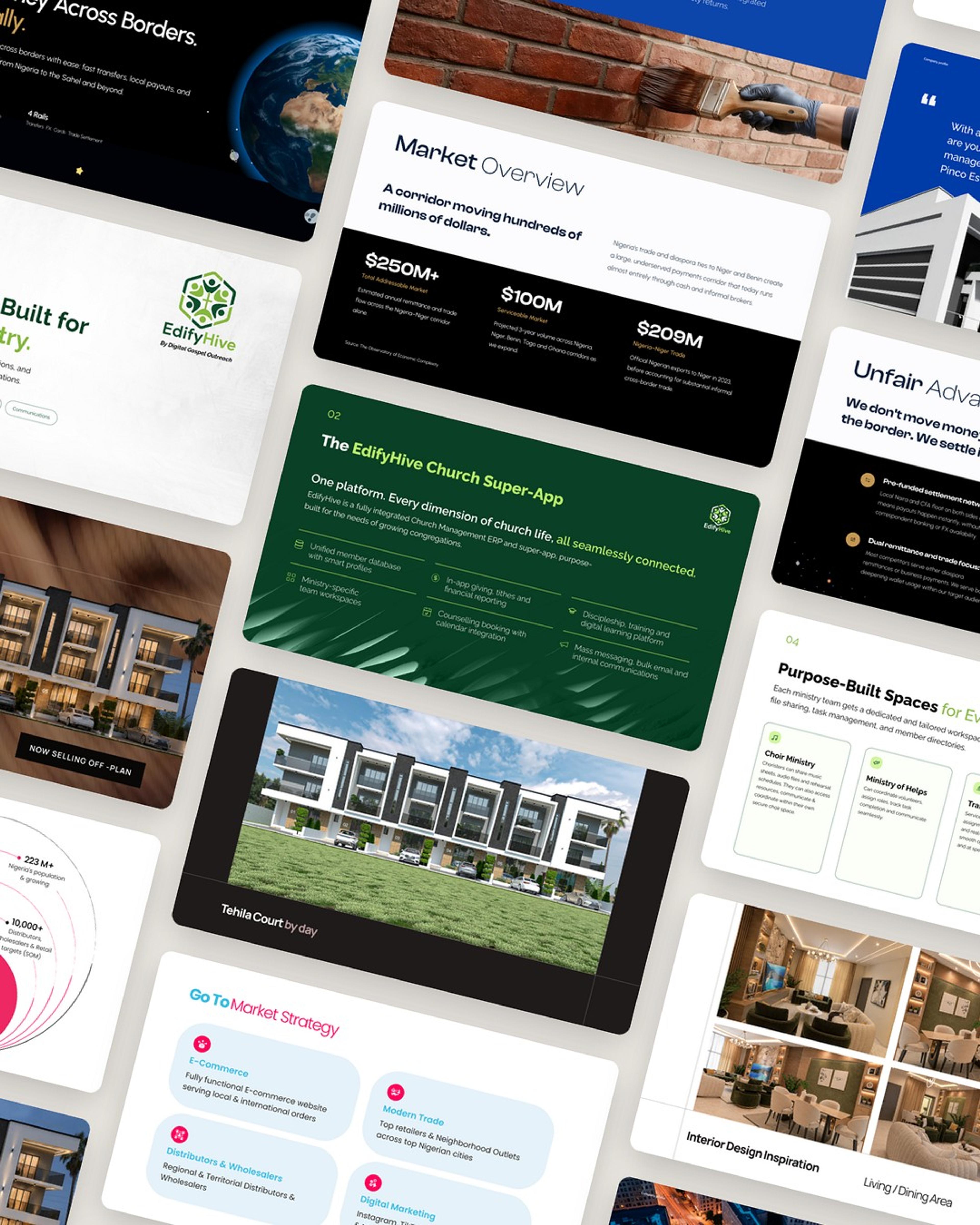 A drifting wall of pitch deck, company profile and brochure slides