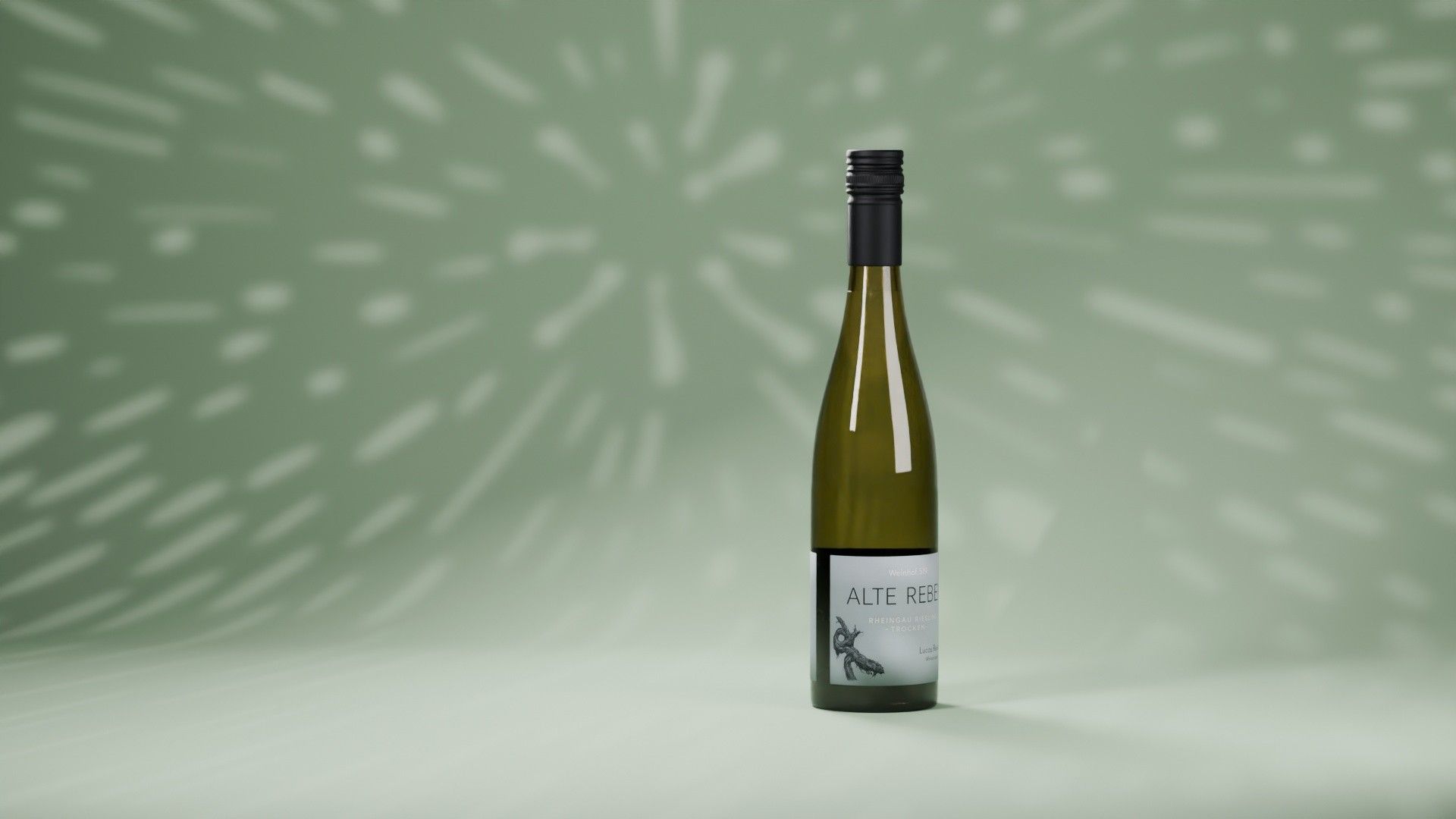 The 3D Alte Reben Riesling bottle turning from a white wireframe into real glass on sage green
