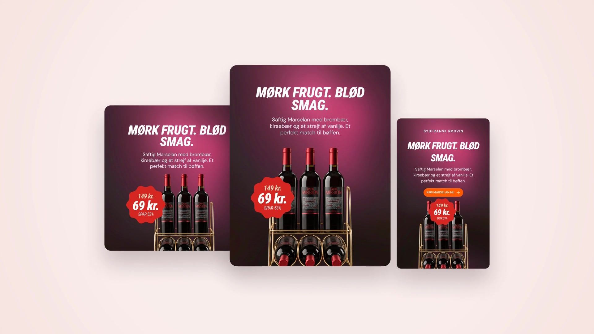 Dark Mission Marselan ads in square, portrait and mobile formats on blush