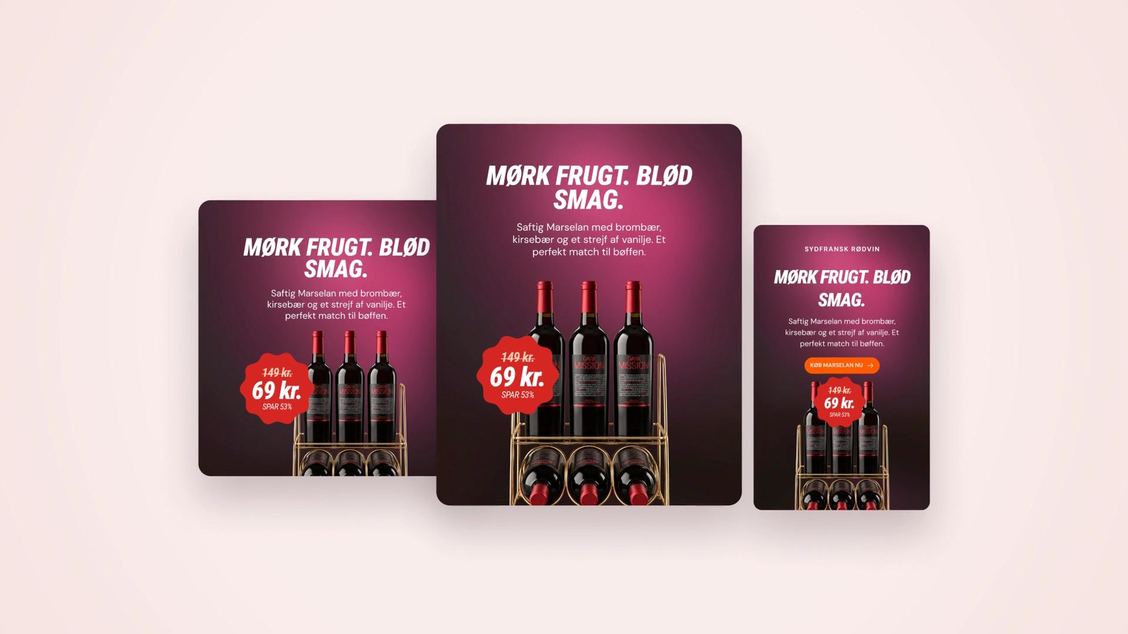 Dark Mission Marselan ads in square, portrait and mobile formats on blush