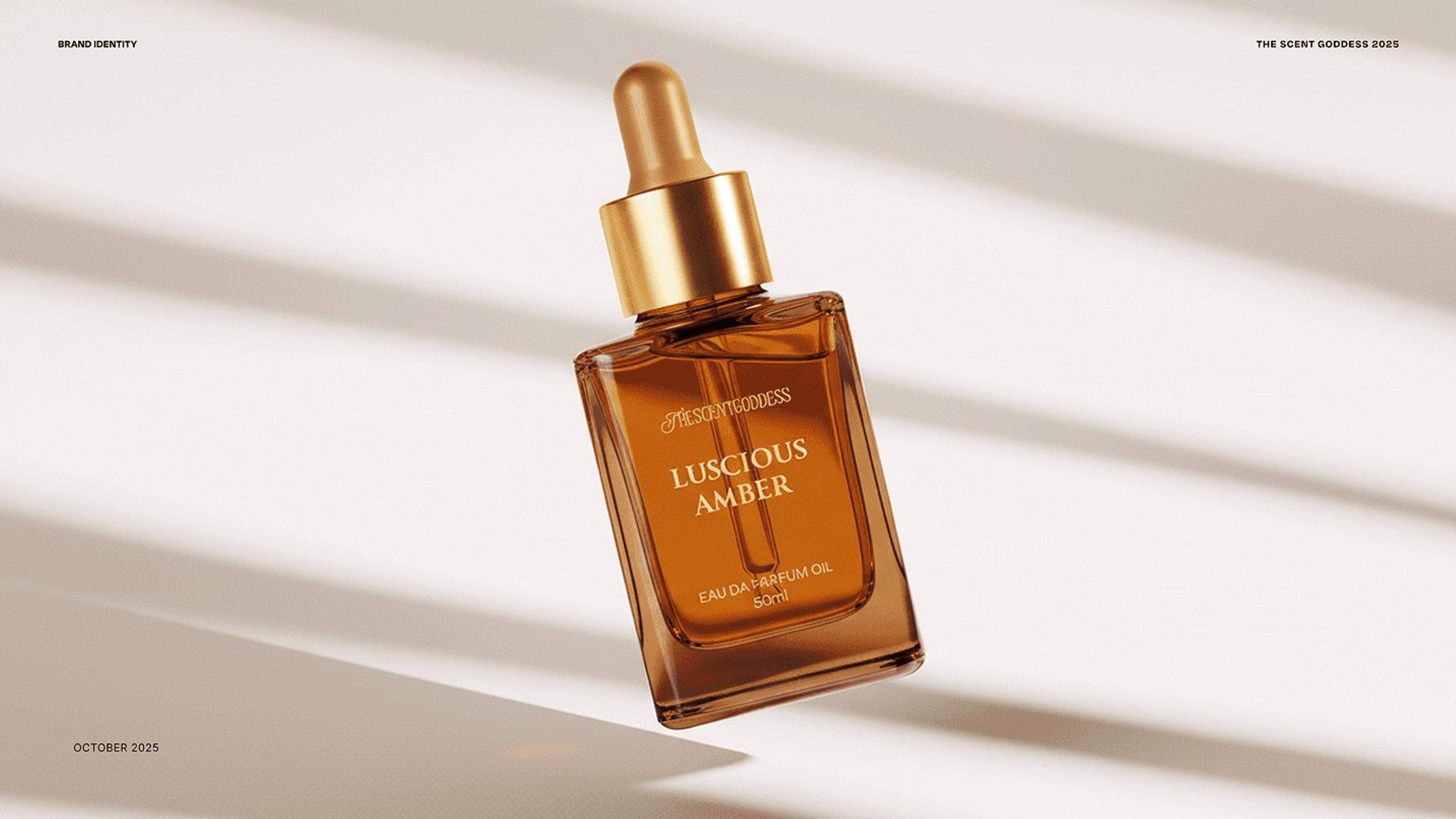 An amber Luscious Amber perfume bottle with a gold dropper, floating in soft window light