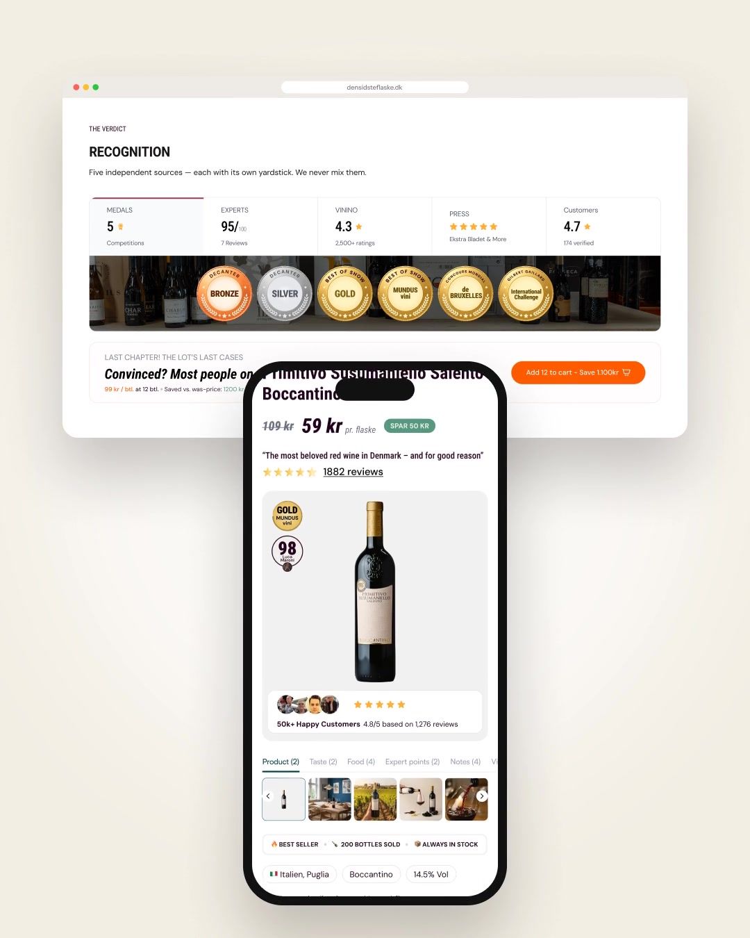 The redesigned wine product page in a browser beside the mobile version on a phone