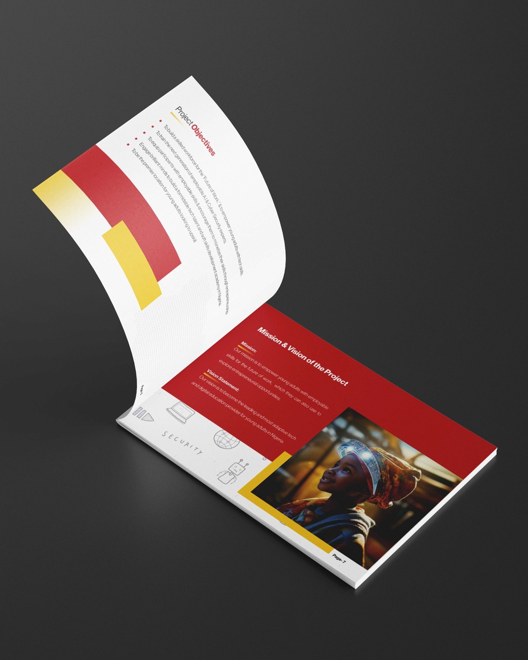 Open brochure with red and yellow blocks