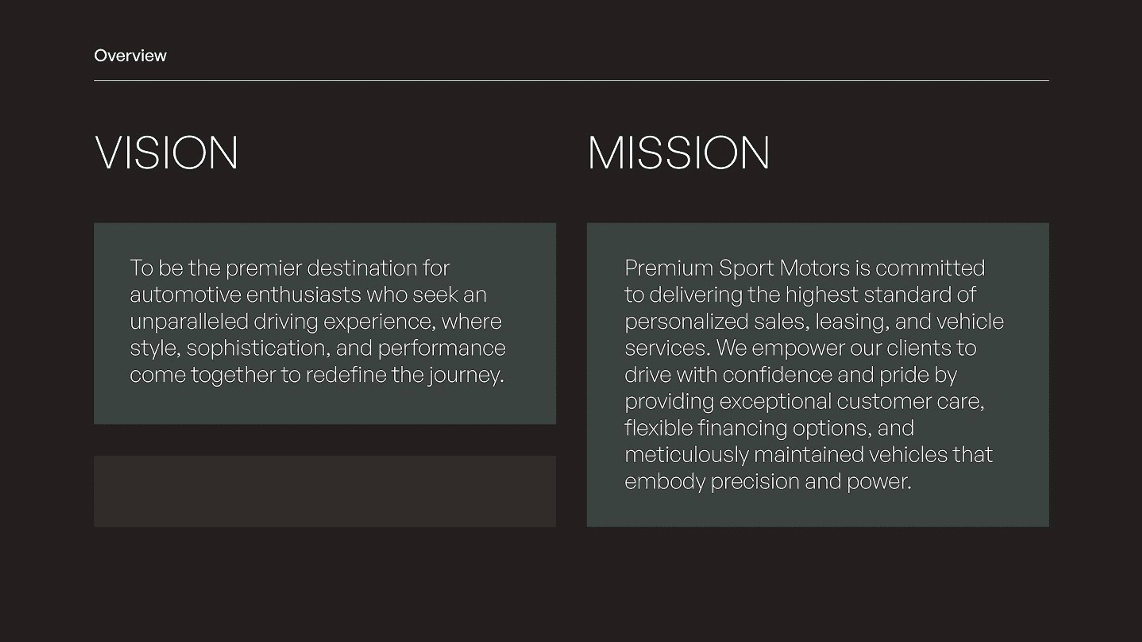 Vision and mission page on a dark background