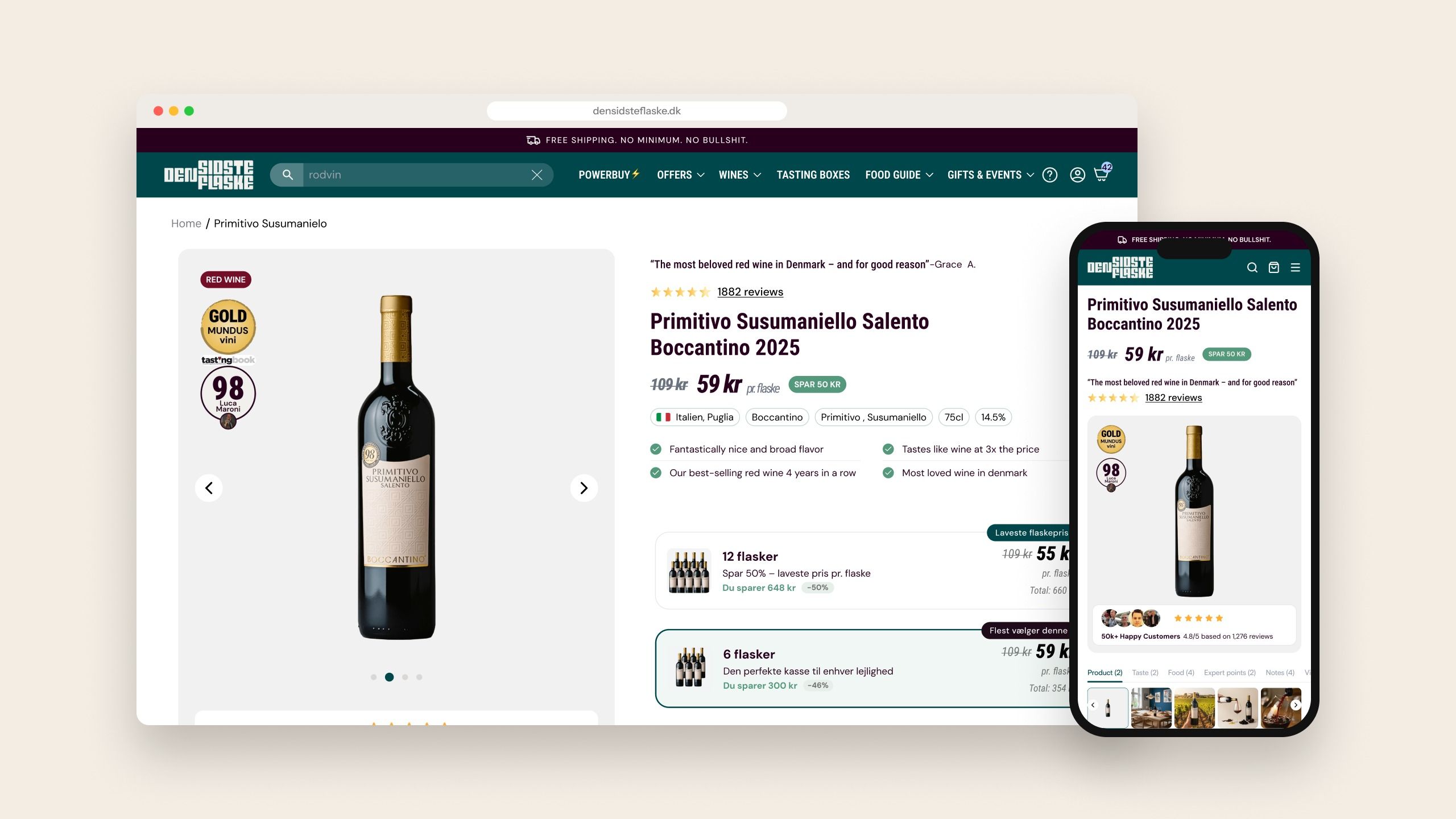 The redesigned product page in a browser with the mobile version on a phone