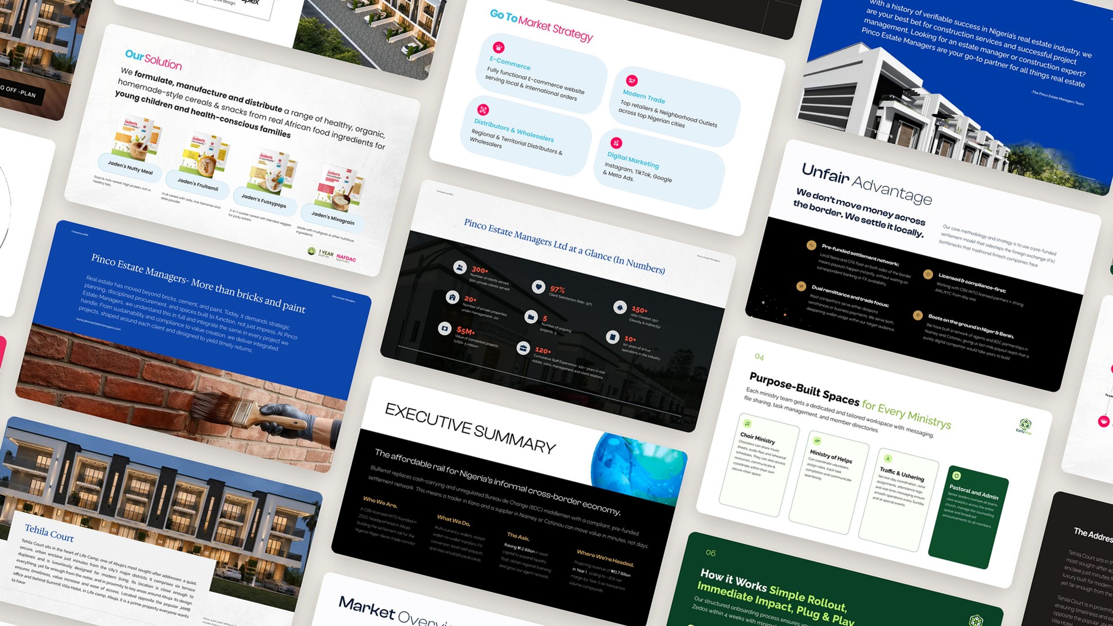 A drifting wall of pitch deck, company profile and brochure slides