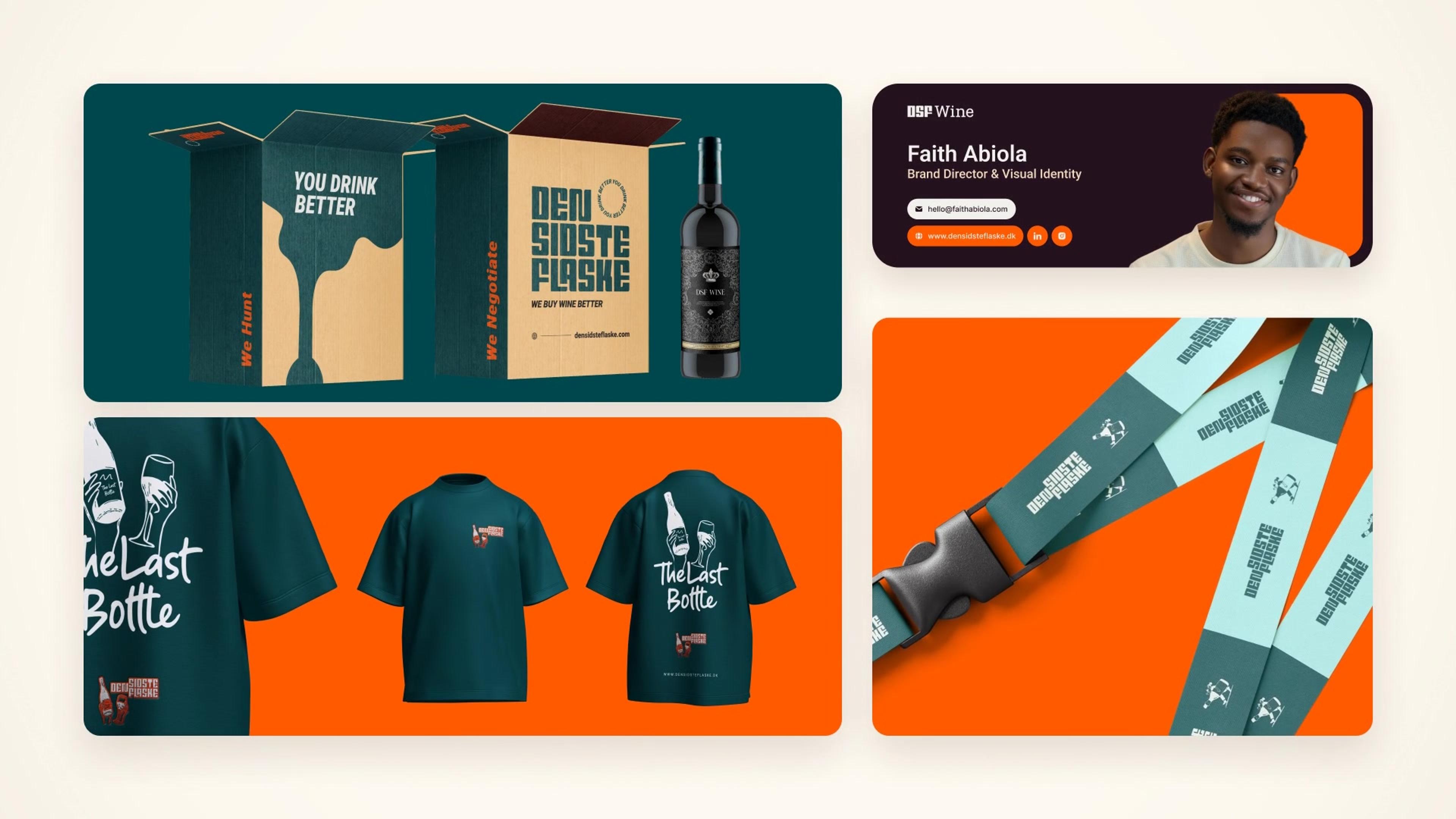 Den Sidste Flaske packaging, t-shirts, lanyard and wine stoppers beside email signatures on warm cream