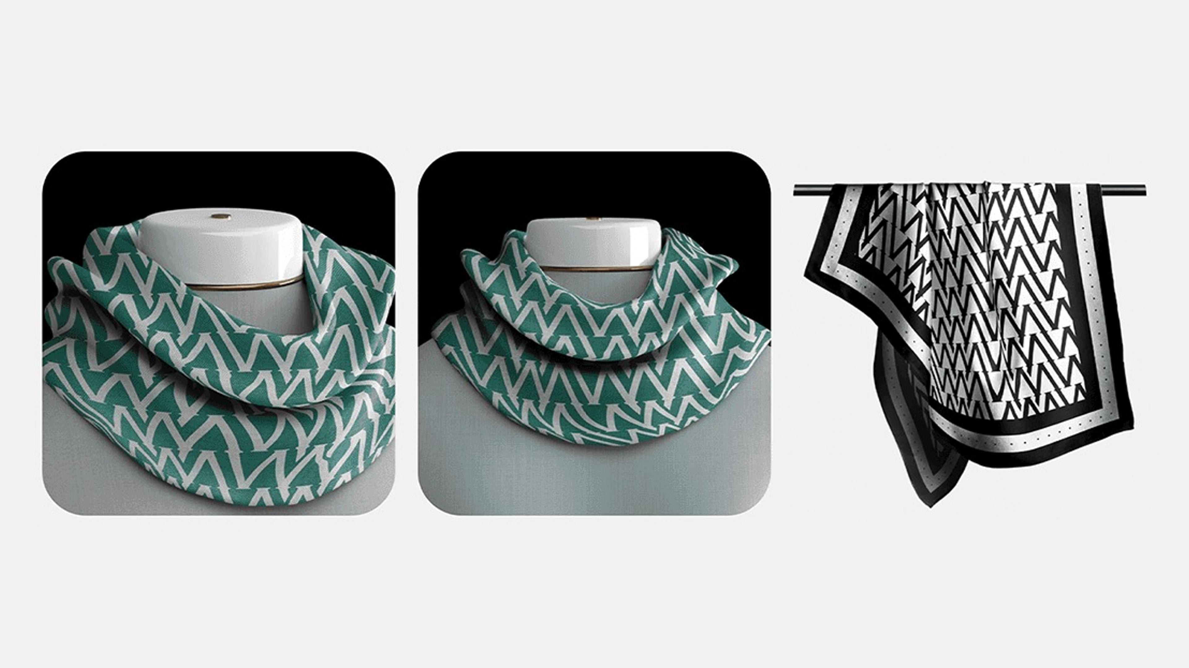 Teal and white zigzag scarves and a black and white silk scarf