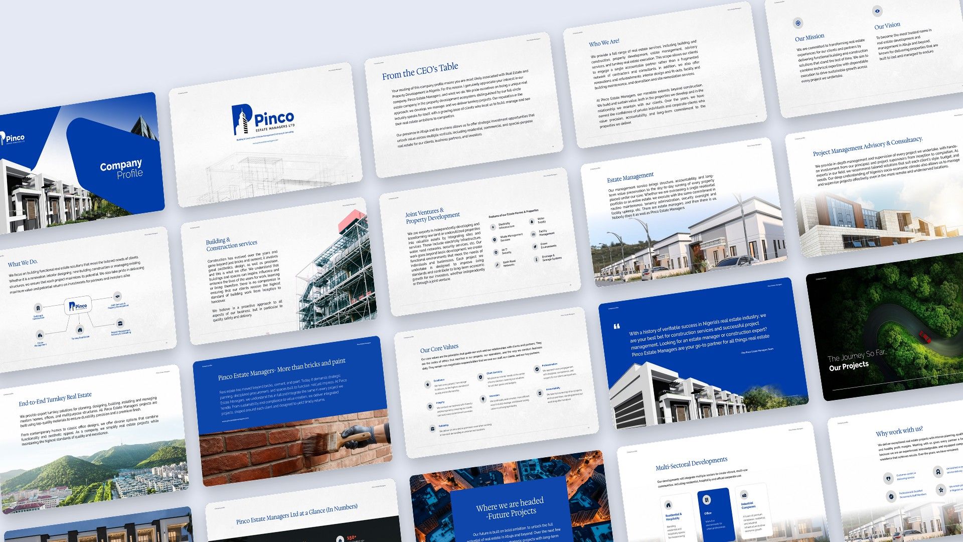 Every slide of the Pinco Estate Managers company profile in royal blue, laid out on a tilted plane