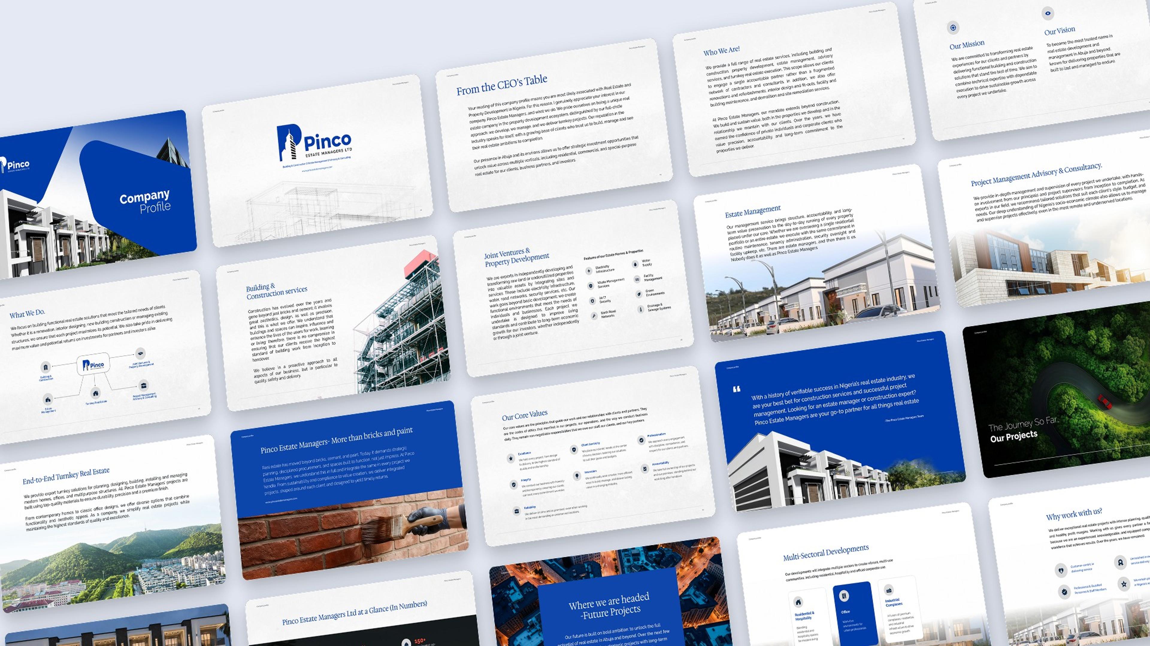 Every slide of the Pinco Estate Managers company profile in royal blue, laid out on a tilted plane