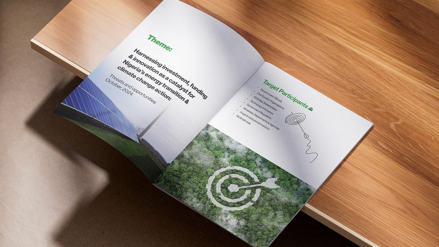 Open TED Summit brochure spread on a wooden table