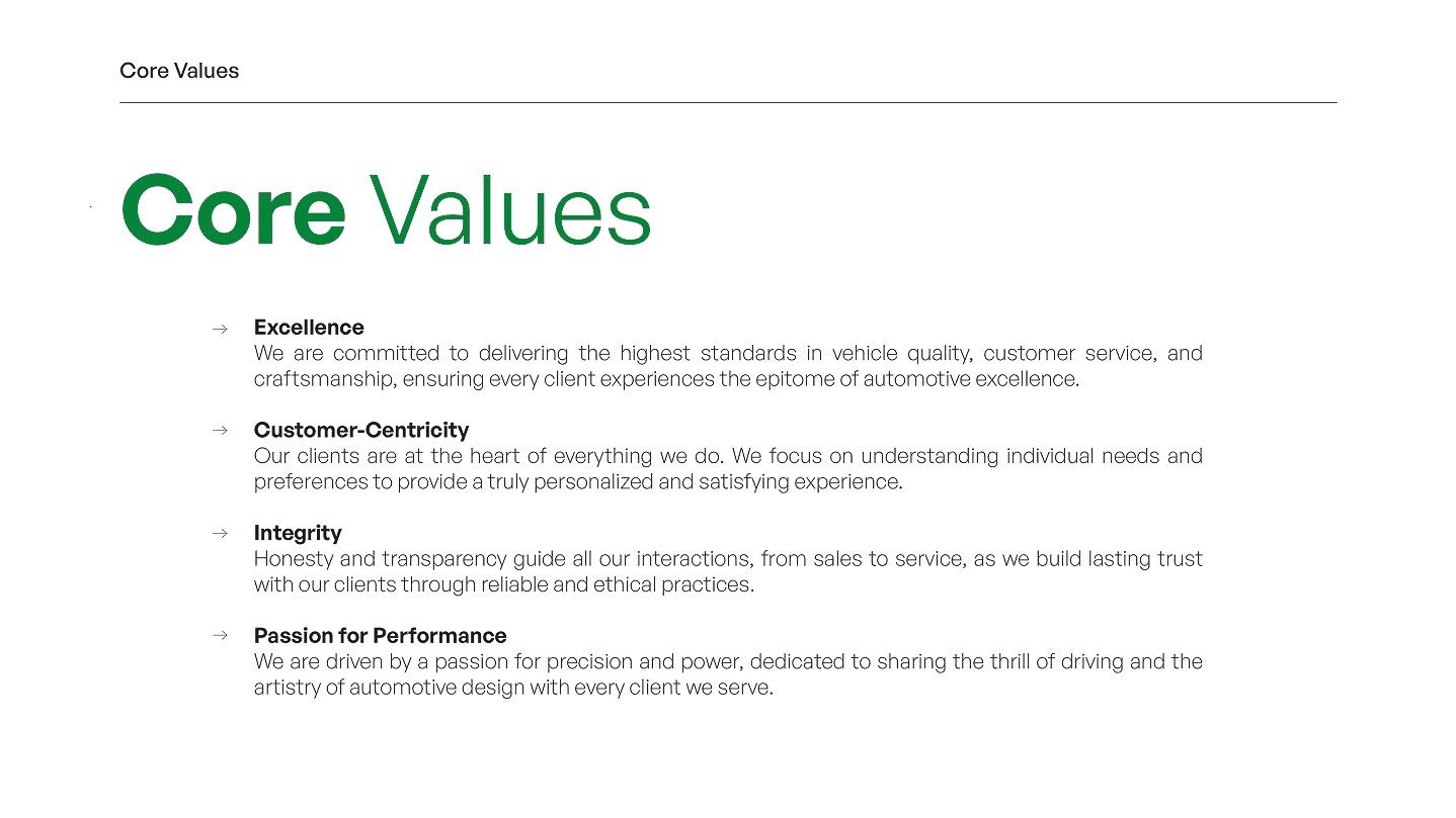 Core values page: excellence, customer centricity, integrity and passion for performance