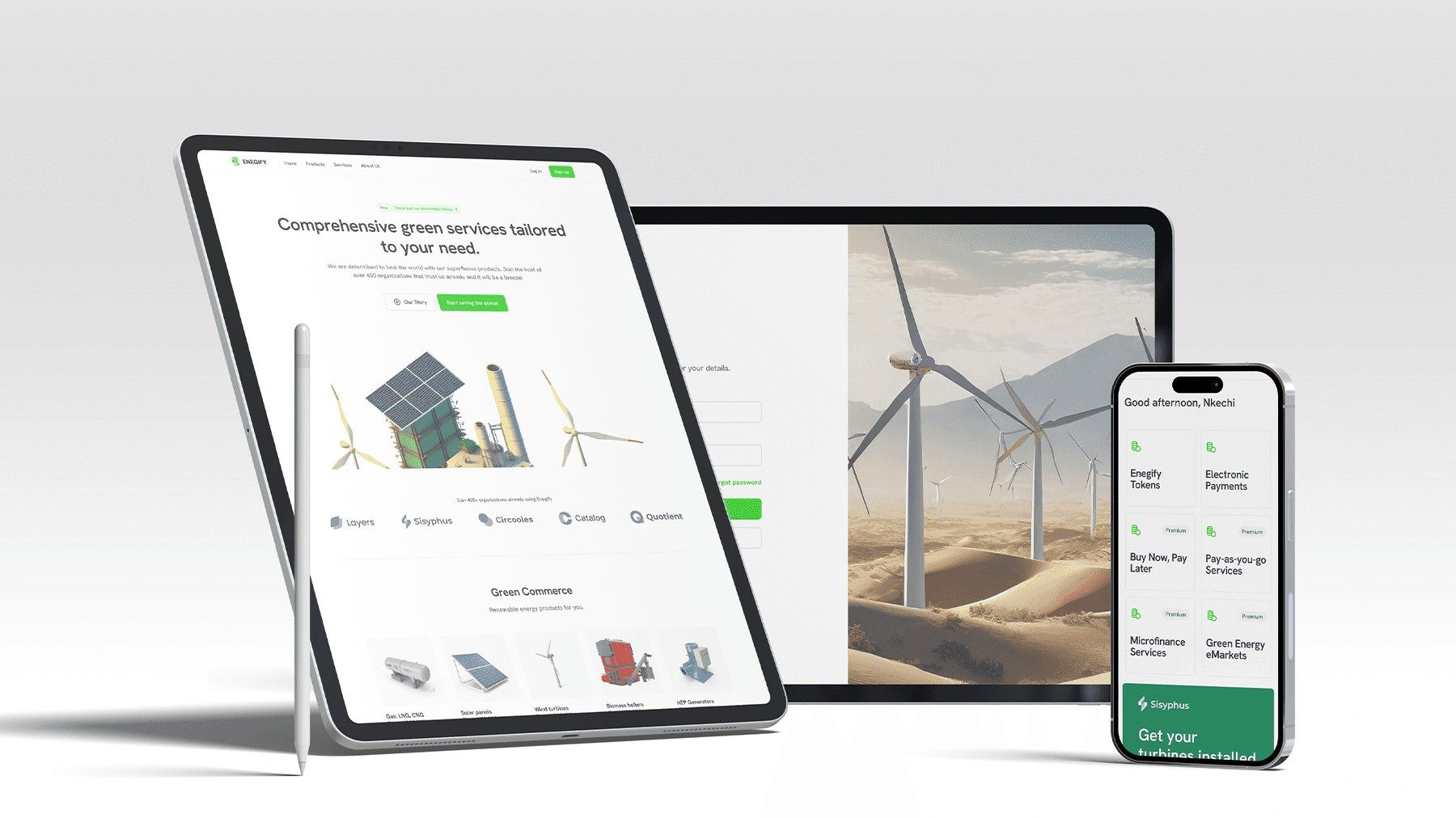 Enegify marketplace on a tablet, laptop and phone
