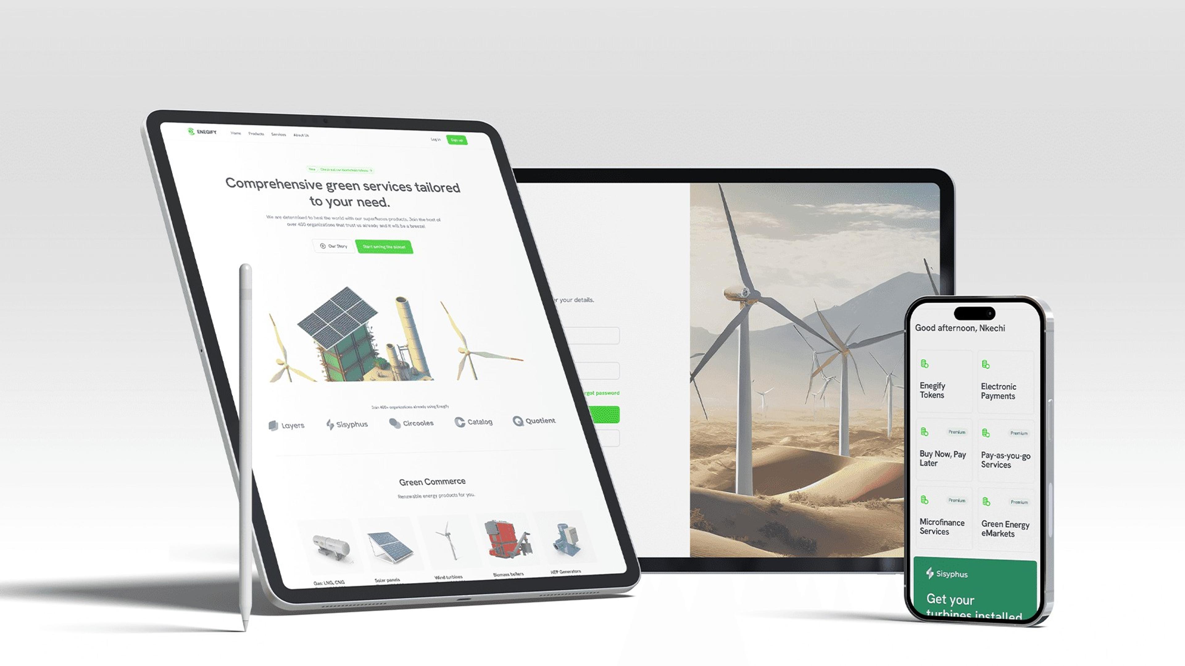 Enegify marketplace on a tablet, laptop and phone