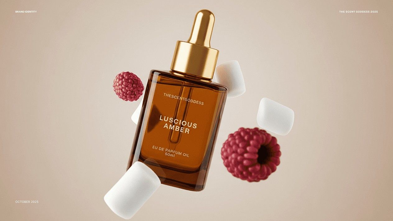 Luscious Amber bottle floating with raspberries and marshmallows