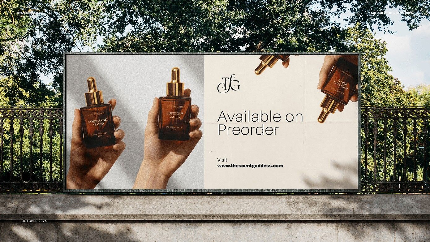 Park billboard showing hands holding bottles, reading Available on preorder