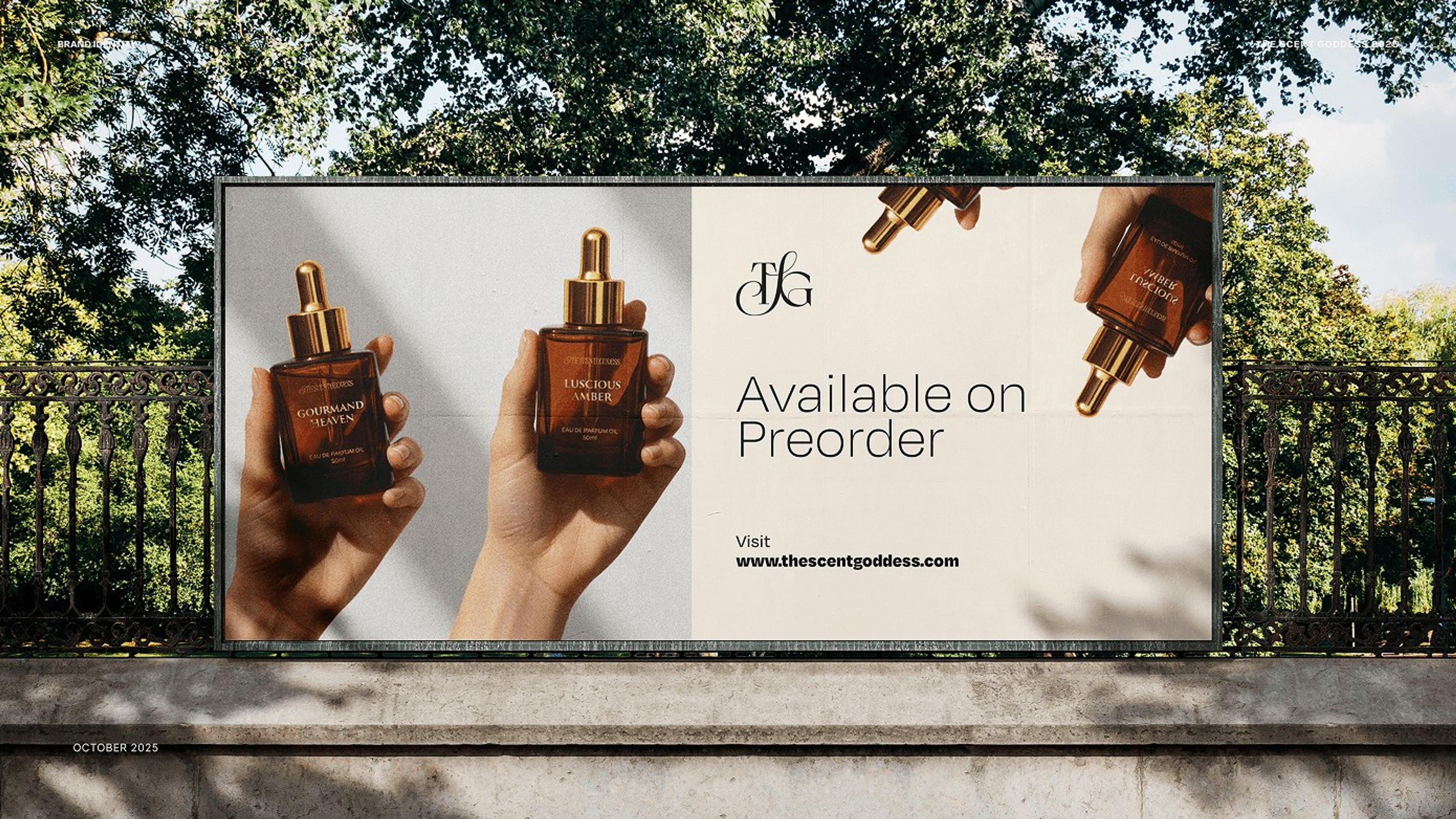 Park billboard showing hands holding bottles, reading Available on preorder