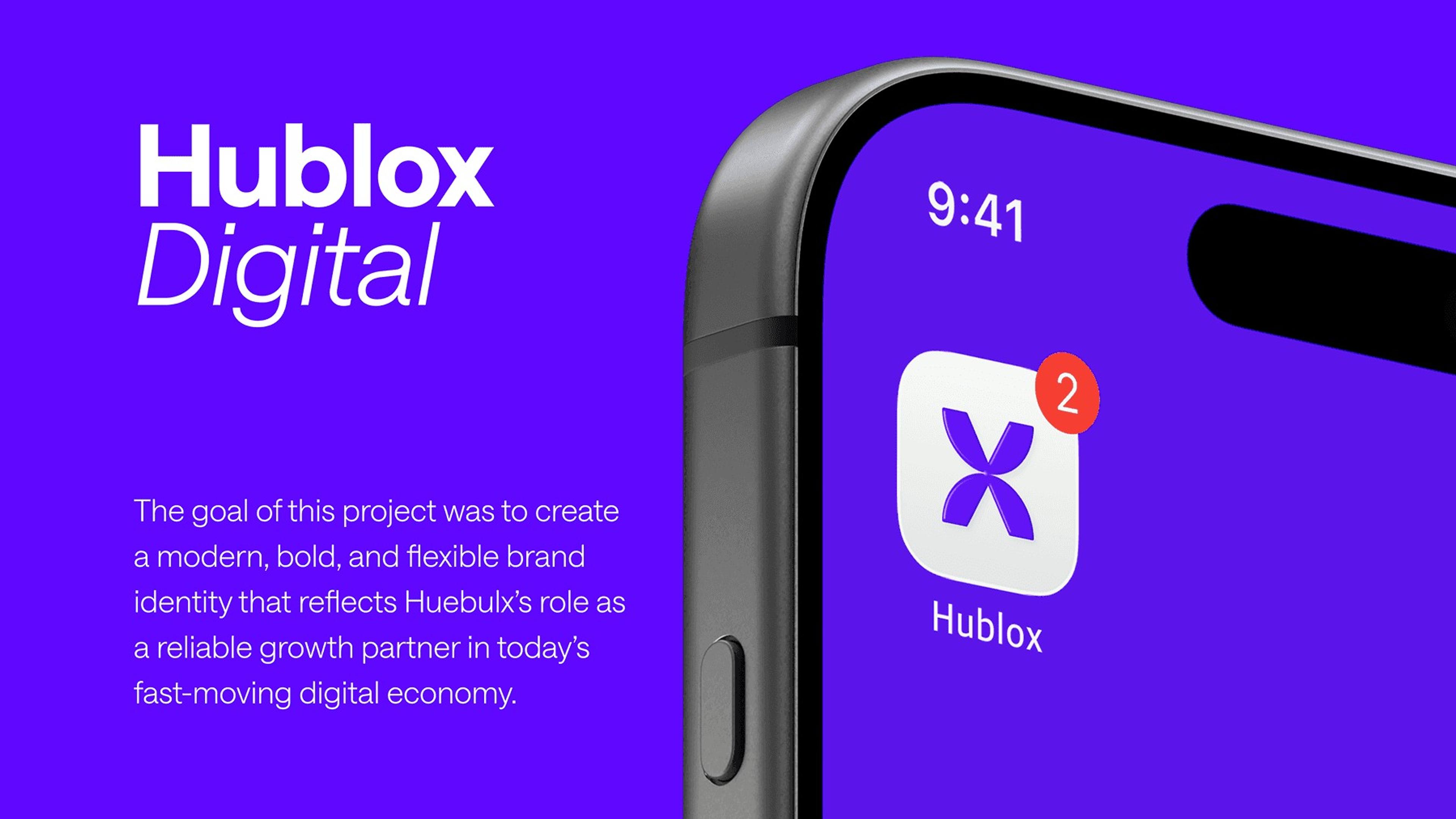 Hublox Digital introduction beside a phone showing the Hublox app icon