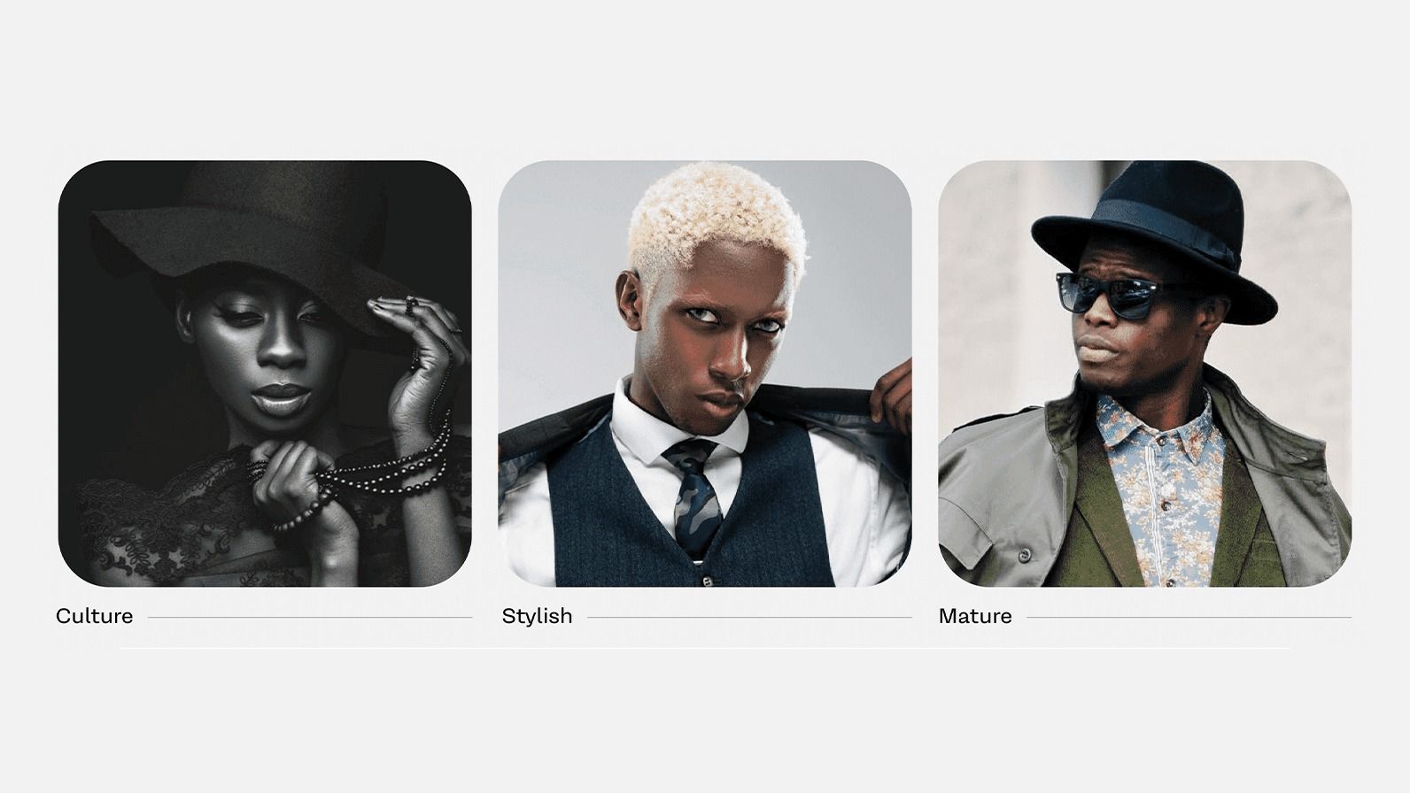Mood photos labelled culture, stylish and mature
