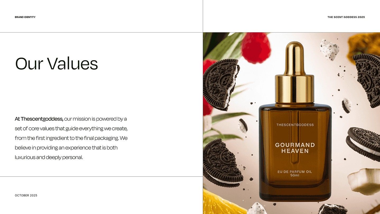 Brand values page beside a Gourmand Heaven bottle with cookies and berries