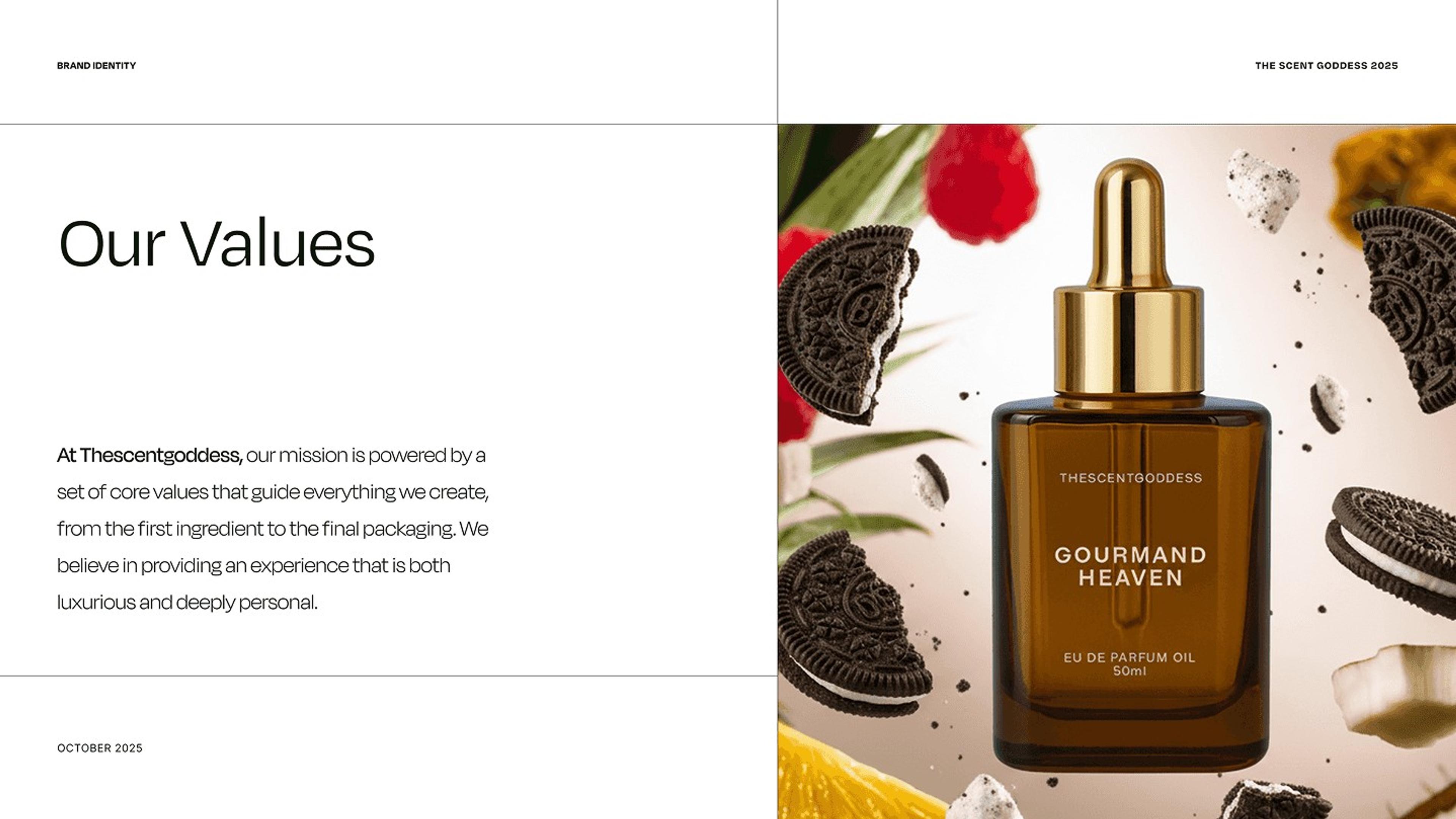 Brand values page beside a Gourmand Heaven bottle with cookies and berries