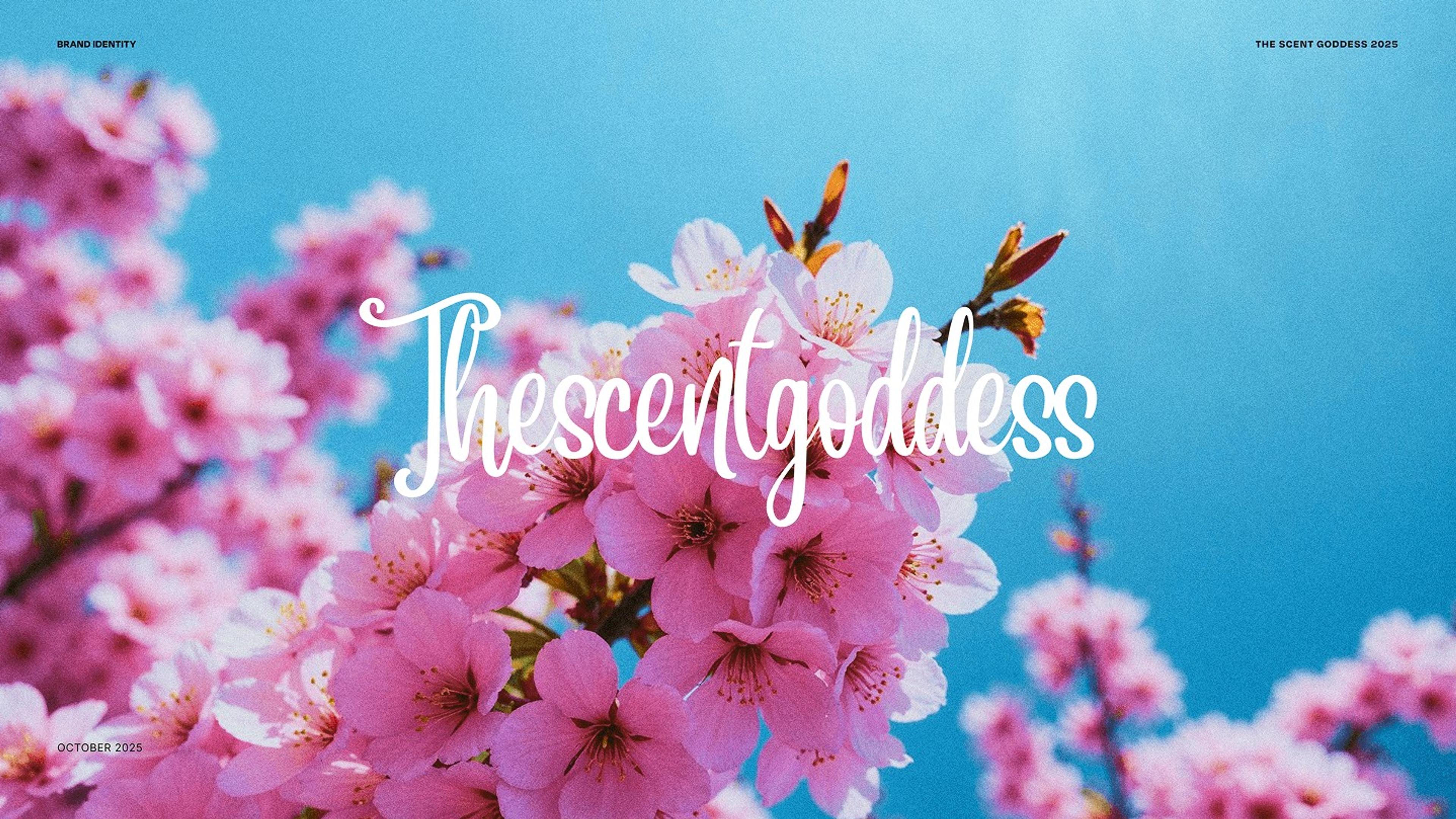 The Scent Goddess script wordmark over pink cherry blossoms and blue sky