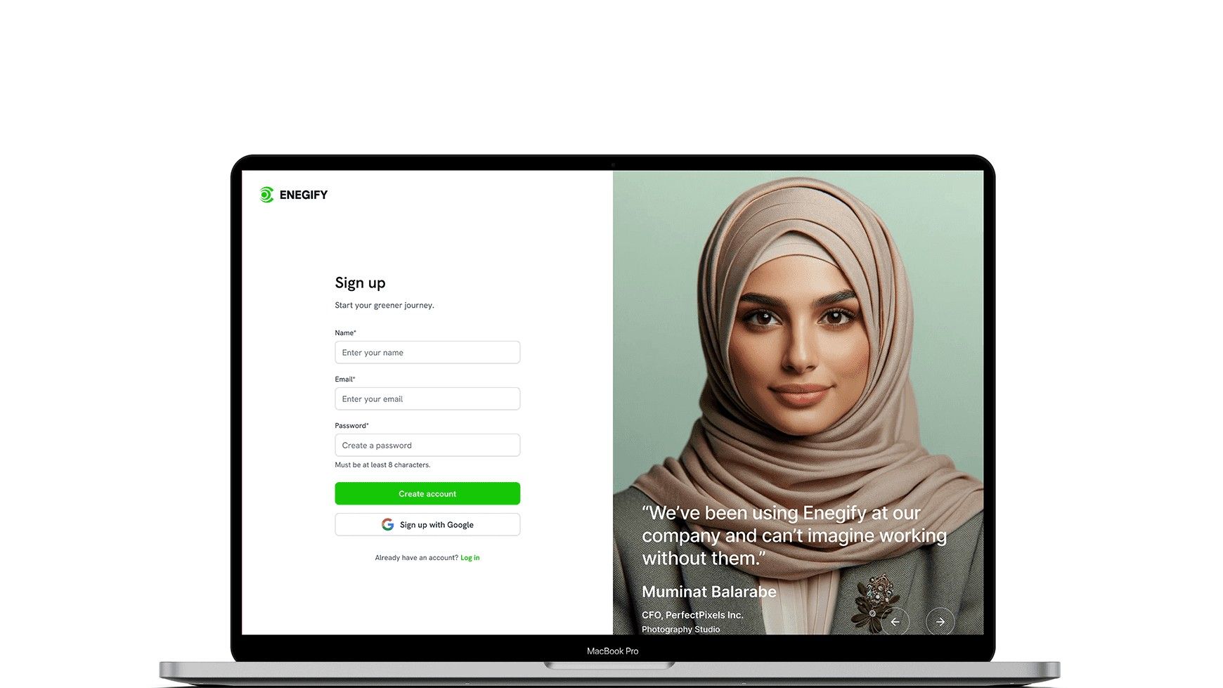 Enegify sign-up screen on a laptop