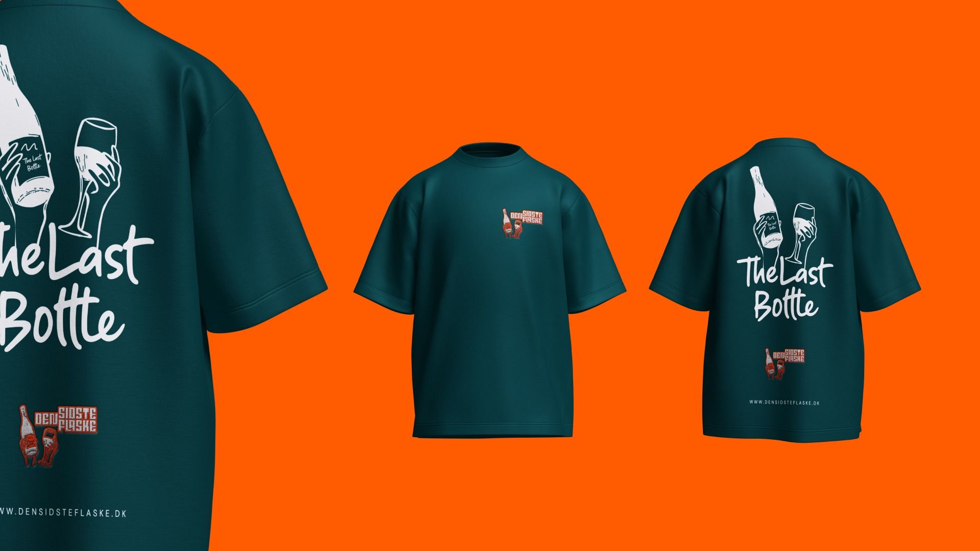 Den Sidste Flaske t-shirts in teal on orange