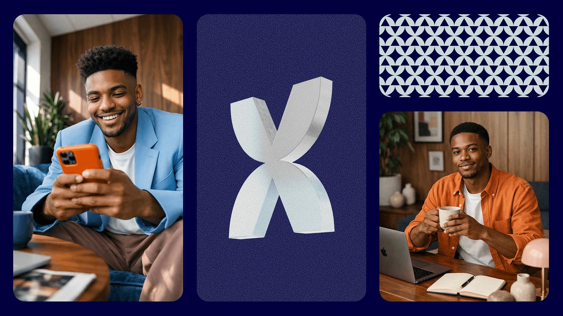 People working on phones and laptops beside a 3D Hublox X mark and pattern