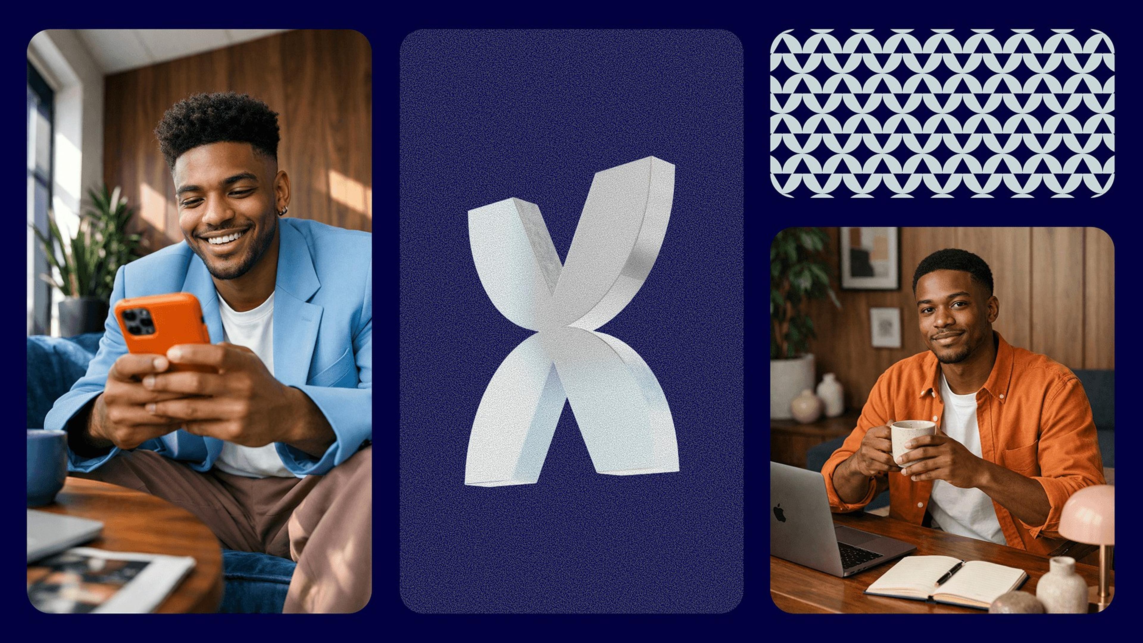 People working on phones and laptops beside a 3D Hublox X mark and pattern