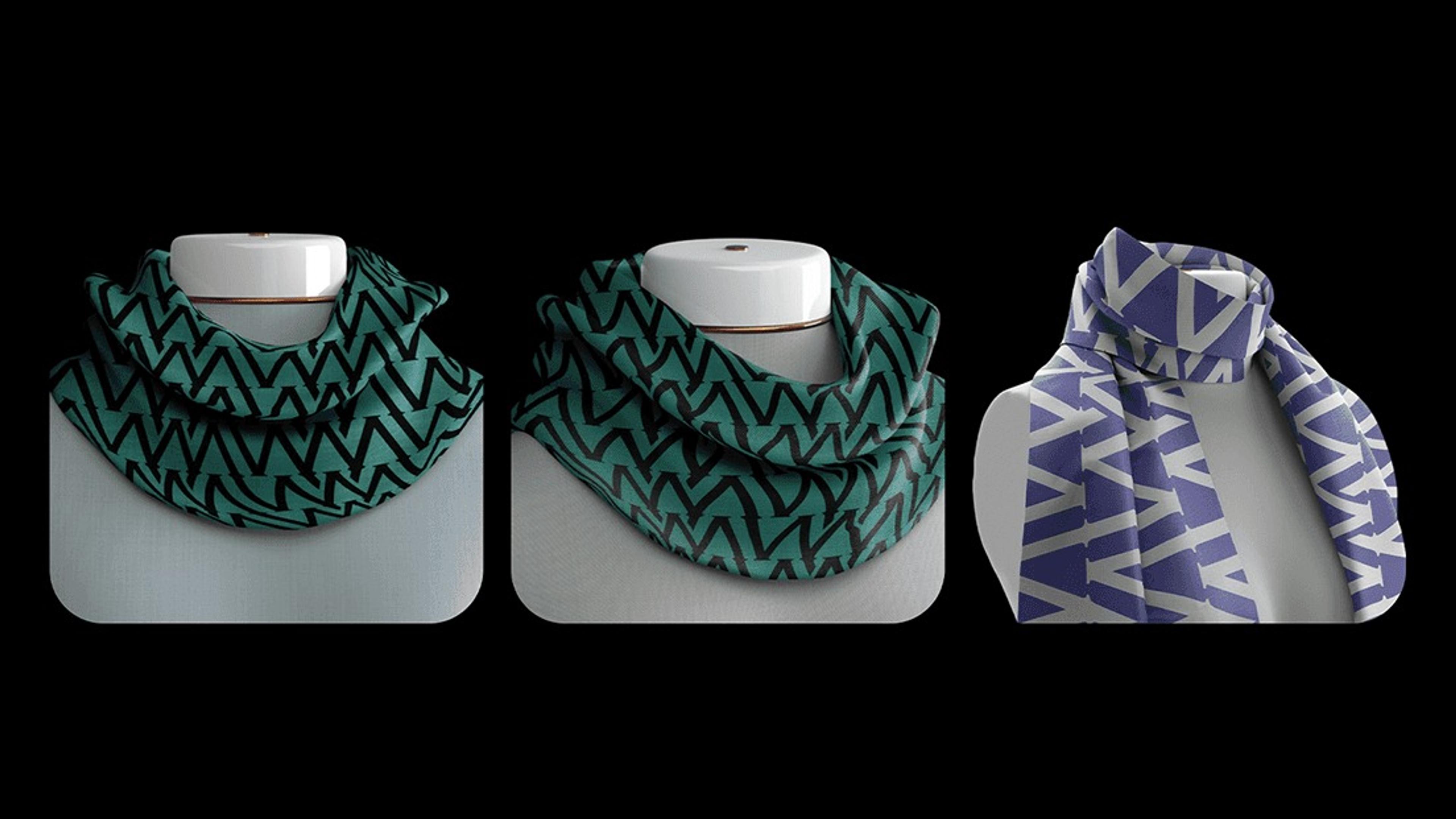 Teal and blue patterned scarves on display busts