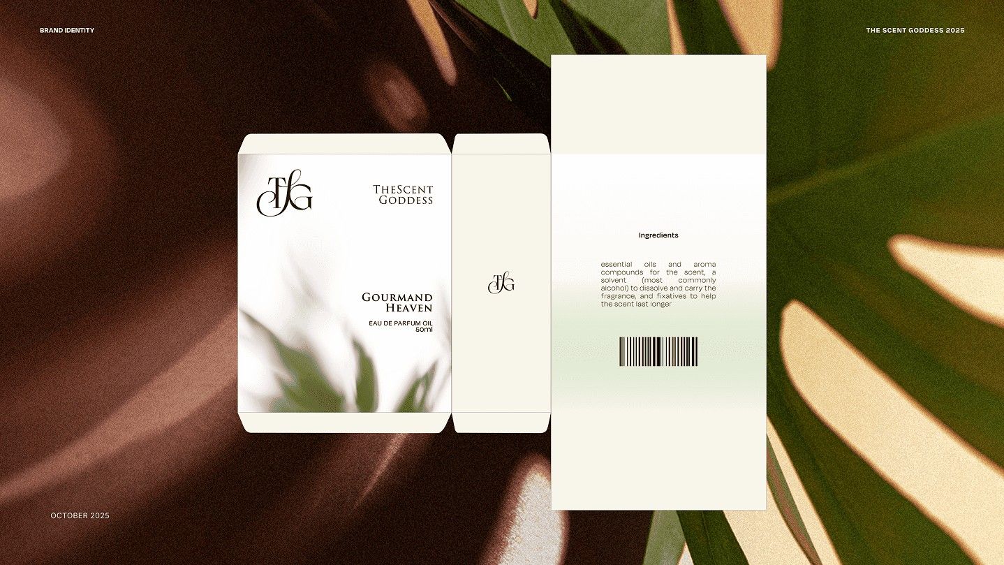 Unfolded Gourmand Heaven packaging box against tropical leaves