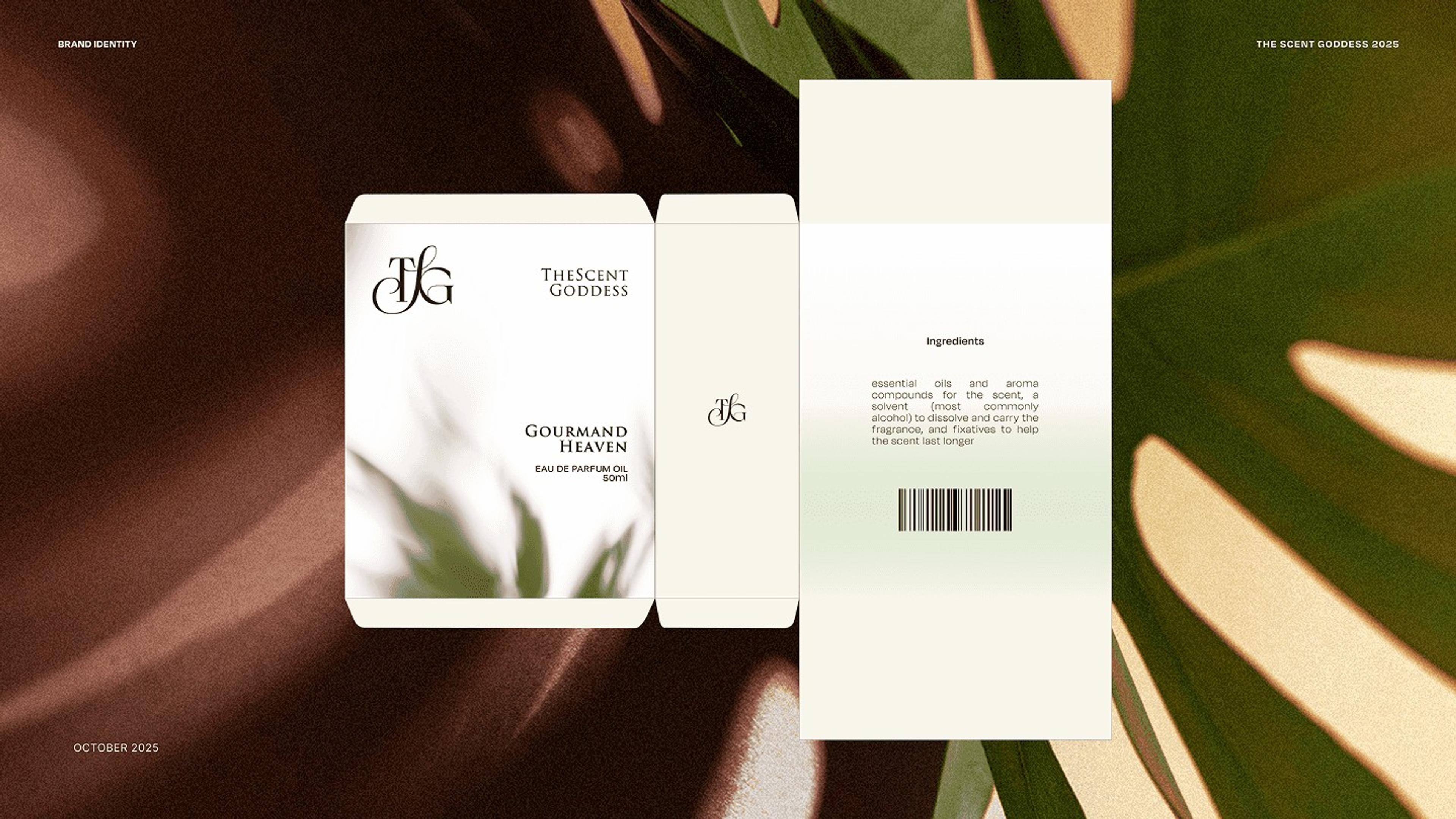 Unfolded Gourmand Heaven packaging box against tropical leaves