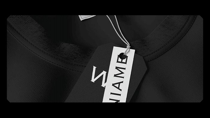 Winiame swing tag on a black garment