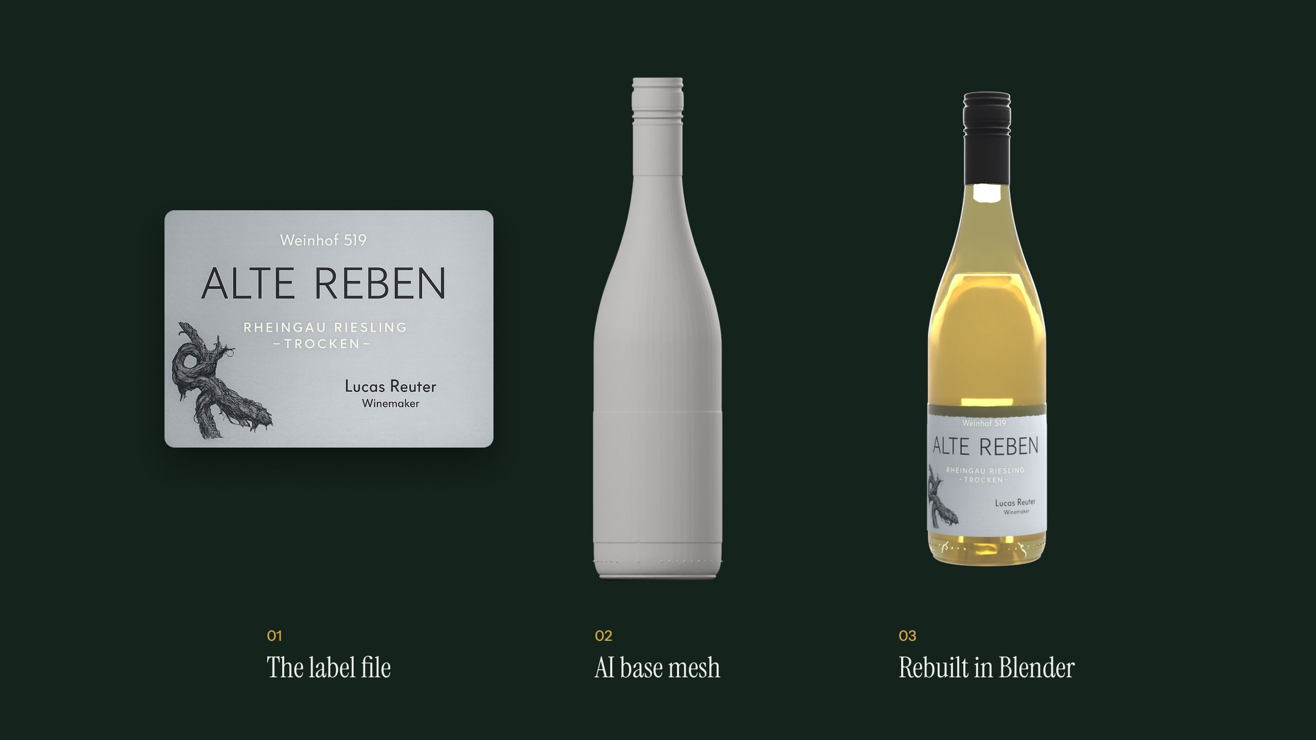 The label file, the AI base mesh and the finished bottle rebuilt in Blender