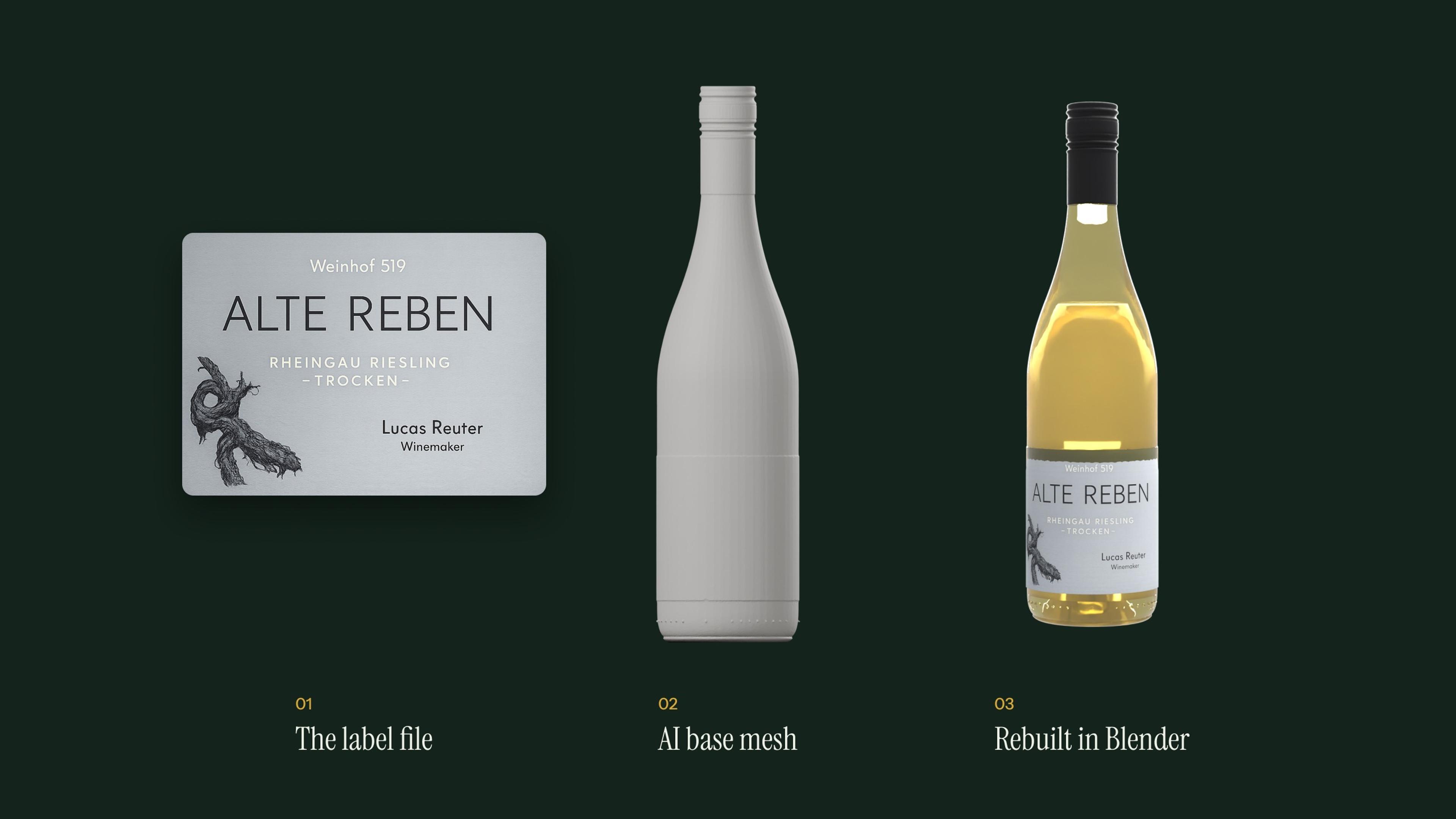 The label file, the AI base mesh and the finished bottle rebuilt in Blender