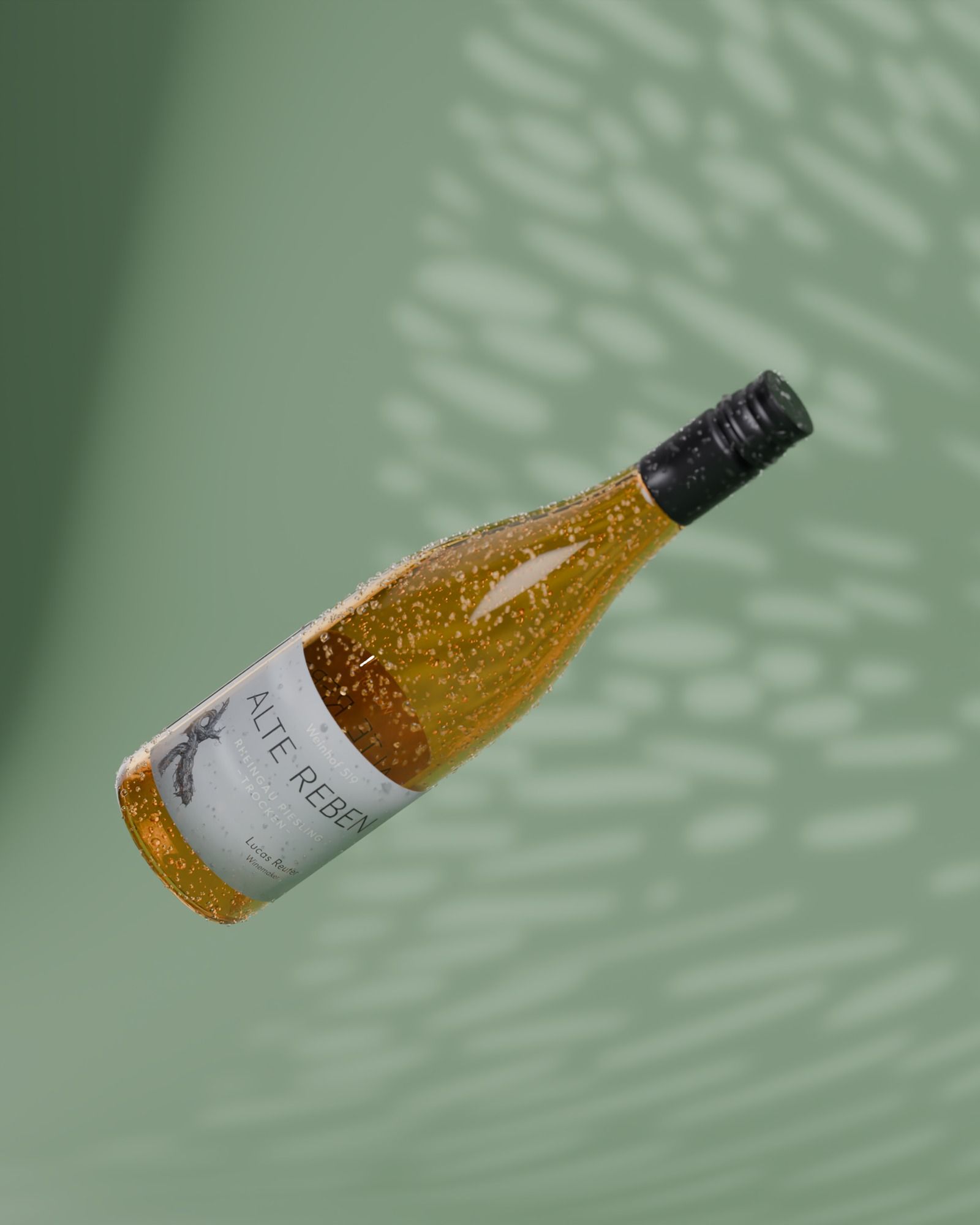 Final render of the bottle floating at an angle