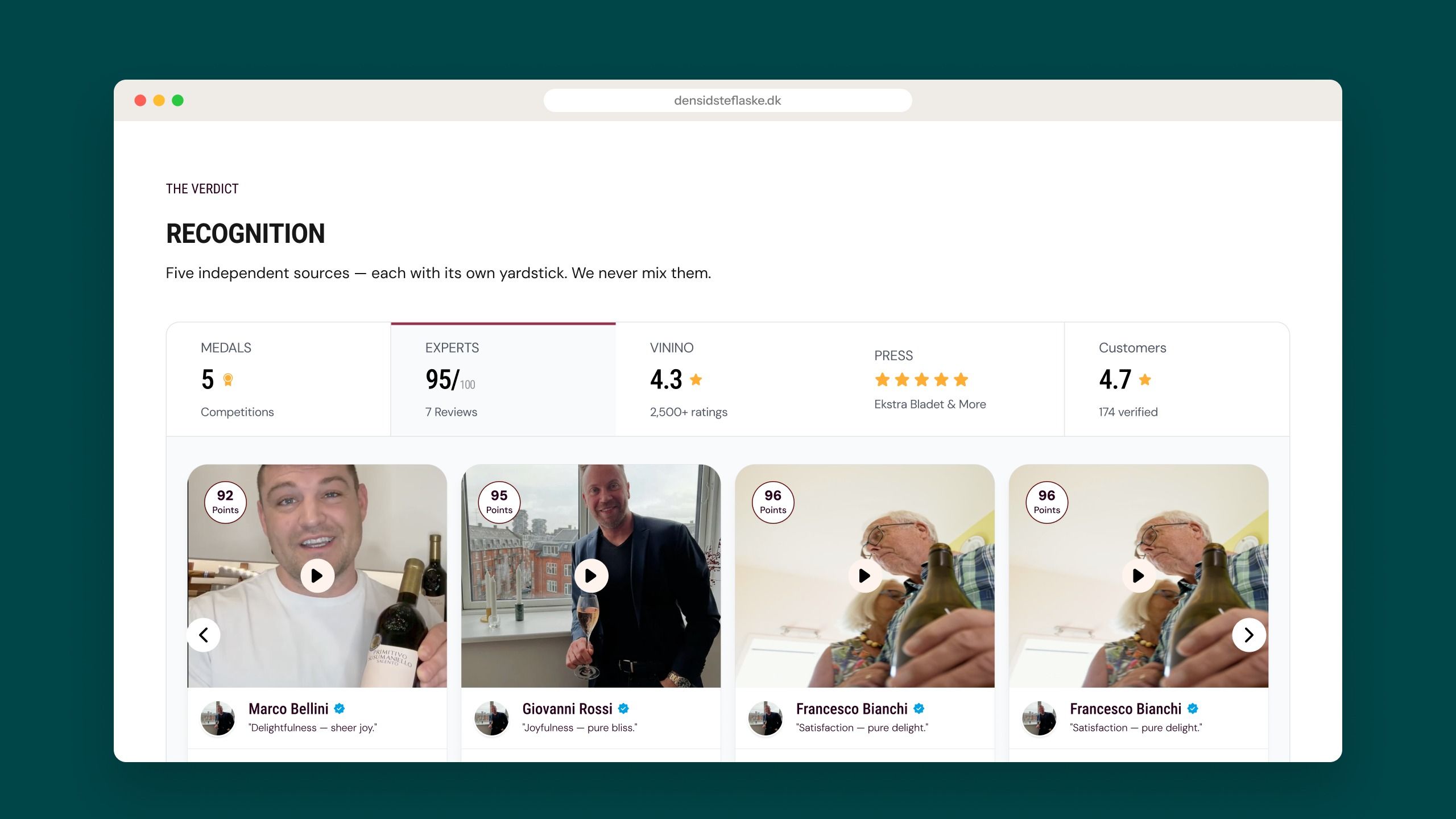 The Recognition section in a browser: medals, experts, Vivino, press and customers