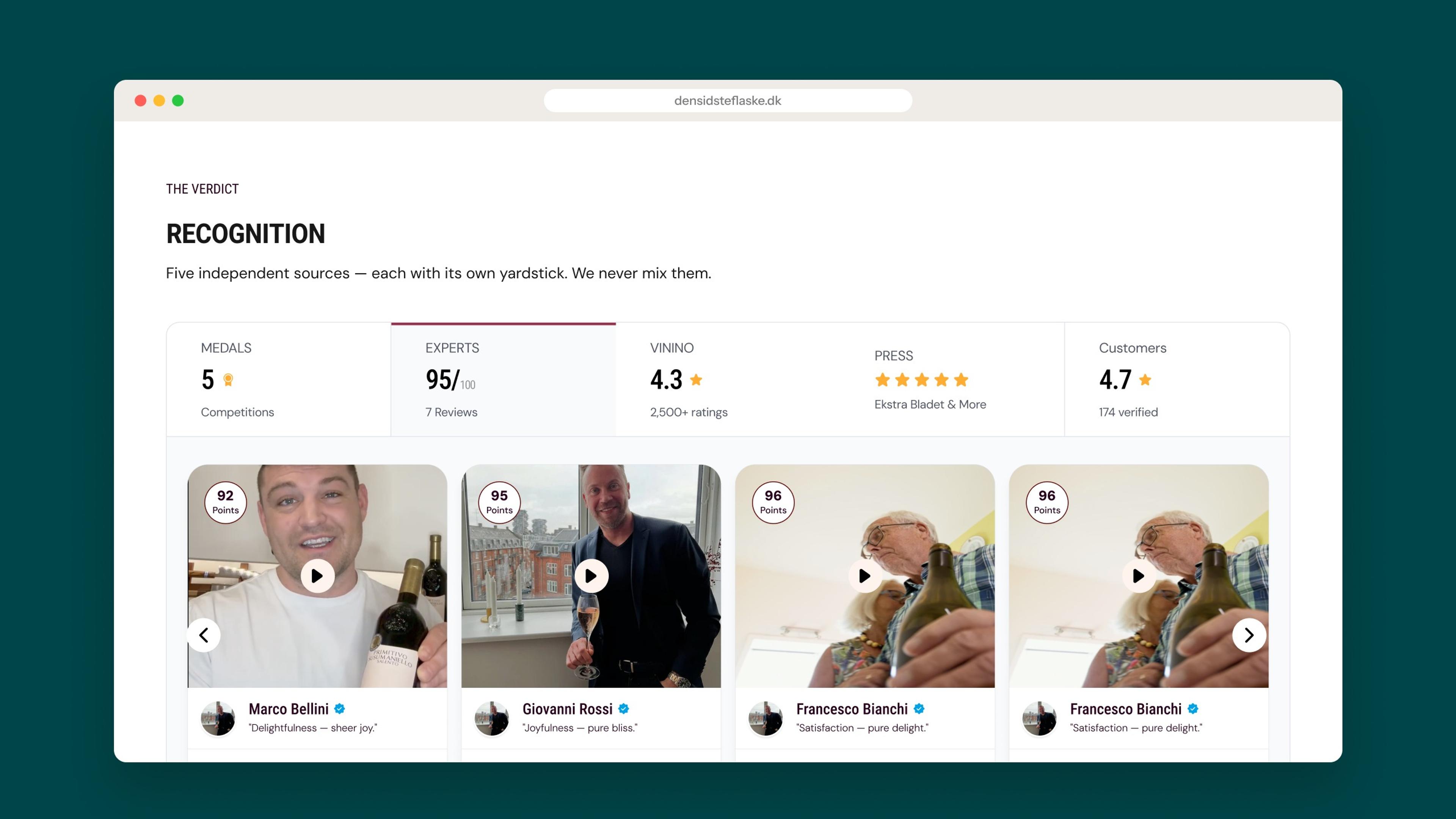 The Recognition section in a browser: medals, experts, Vivino, press and customers
