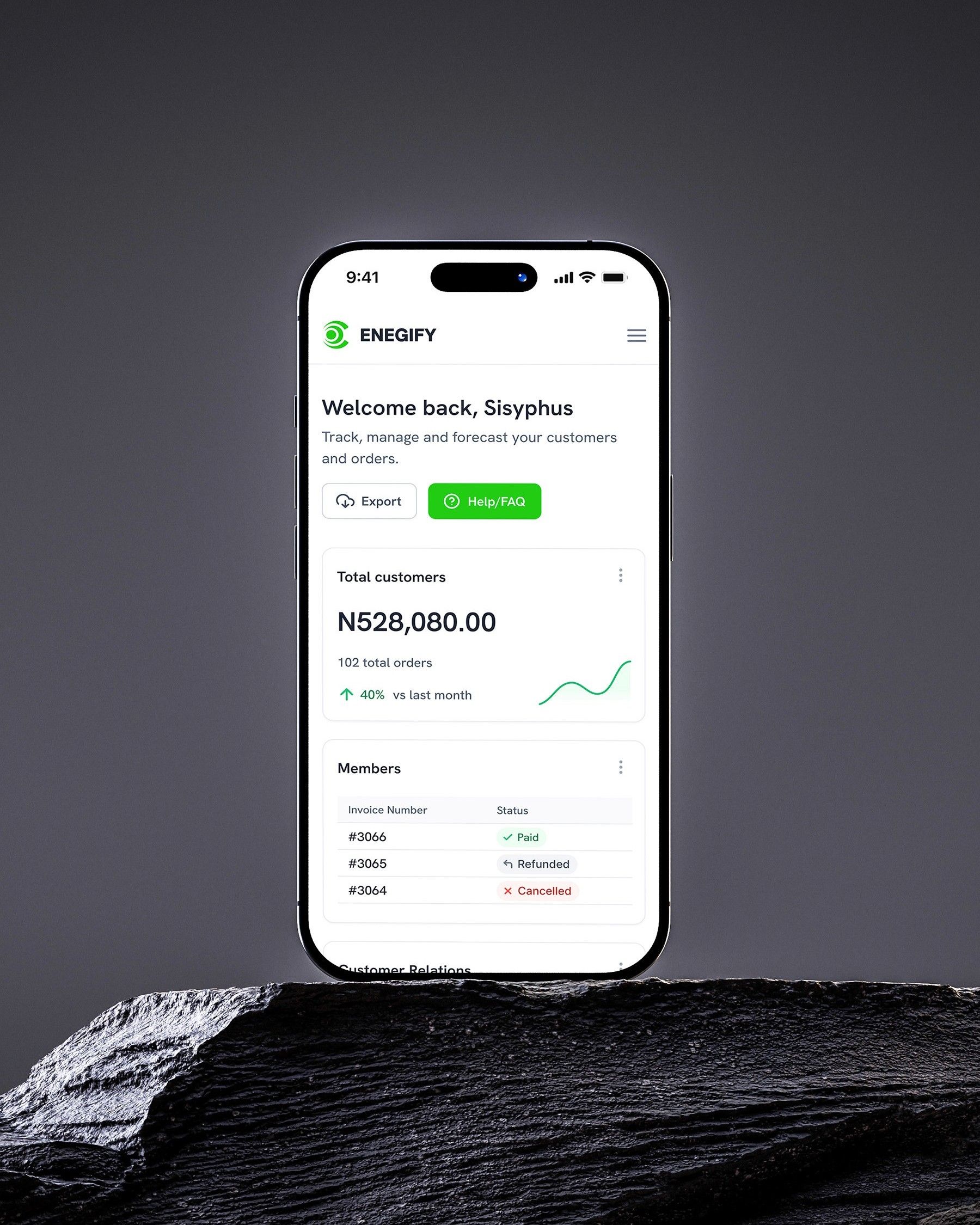 Enegify mobile dashboard showing total customers