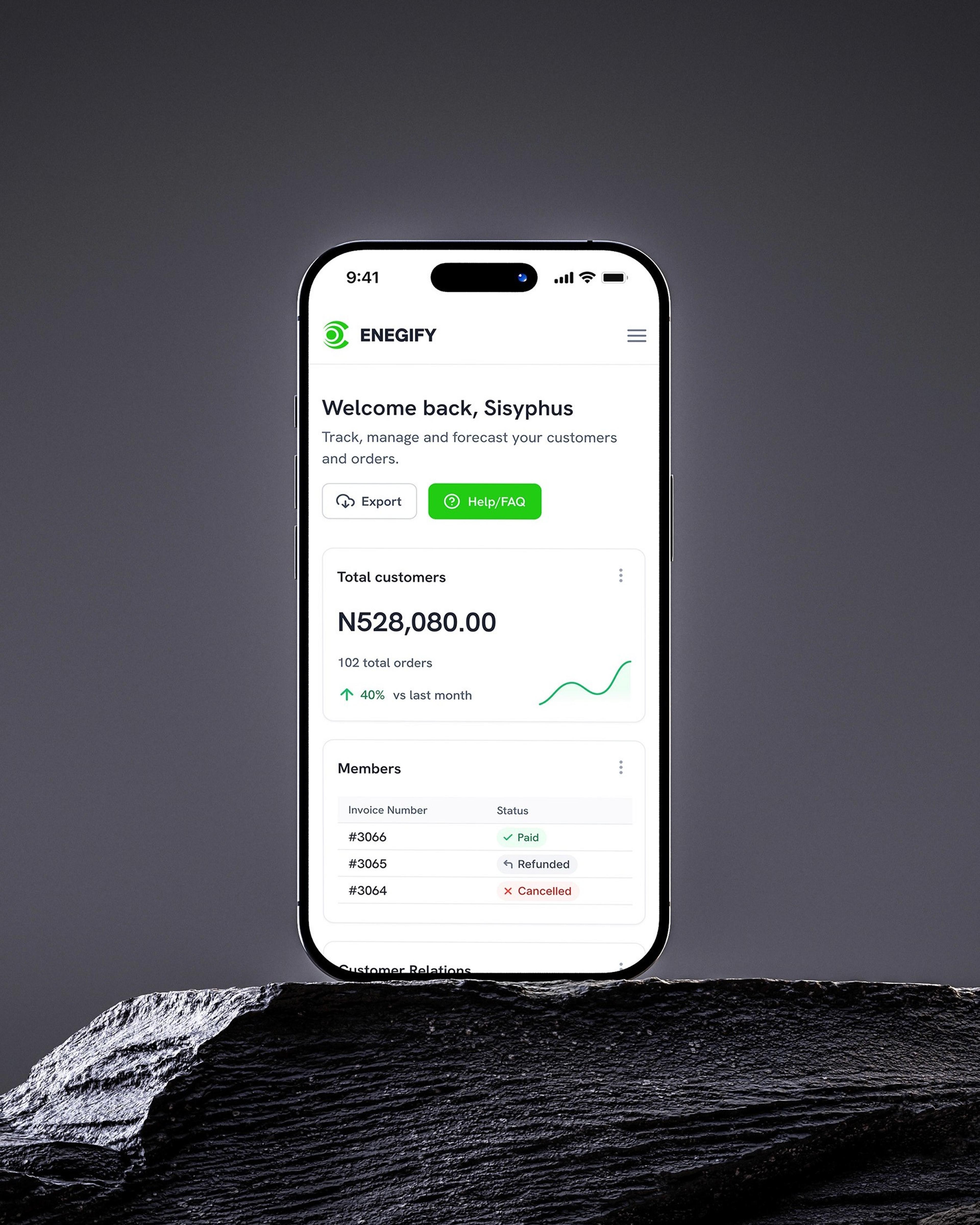 Enegify mobile dashboard showing total customers