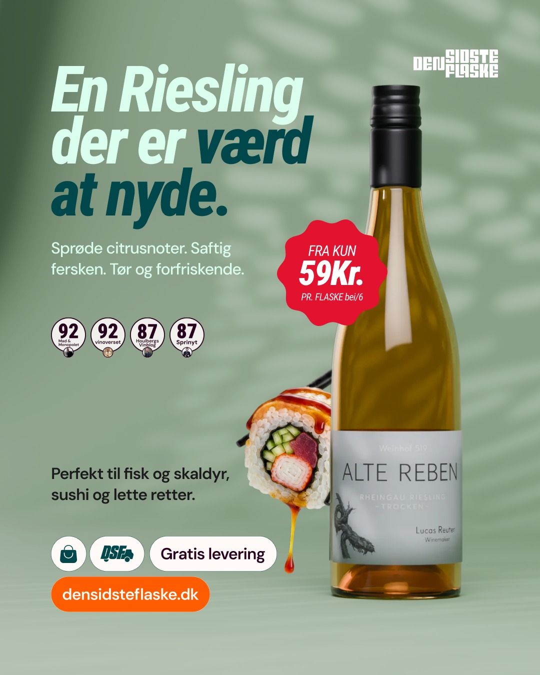 “En Riesling der er værd at nyde” ad with the 3D bottle