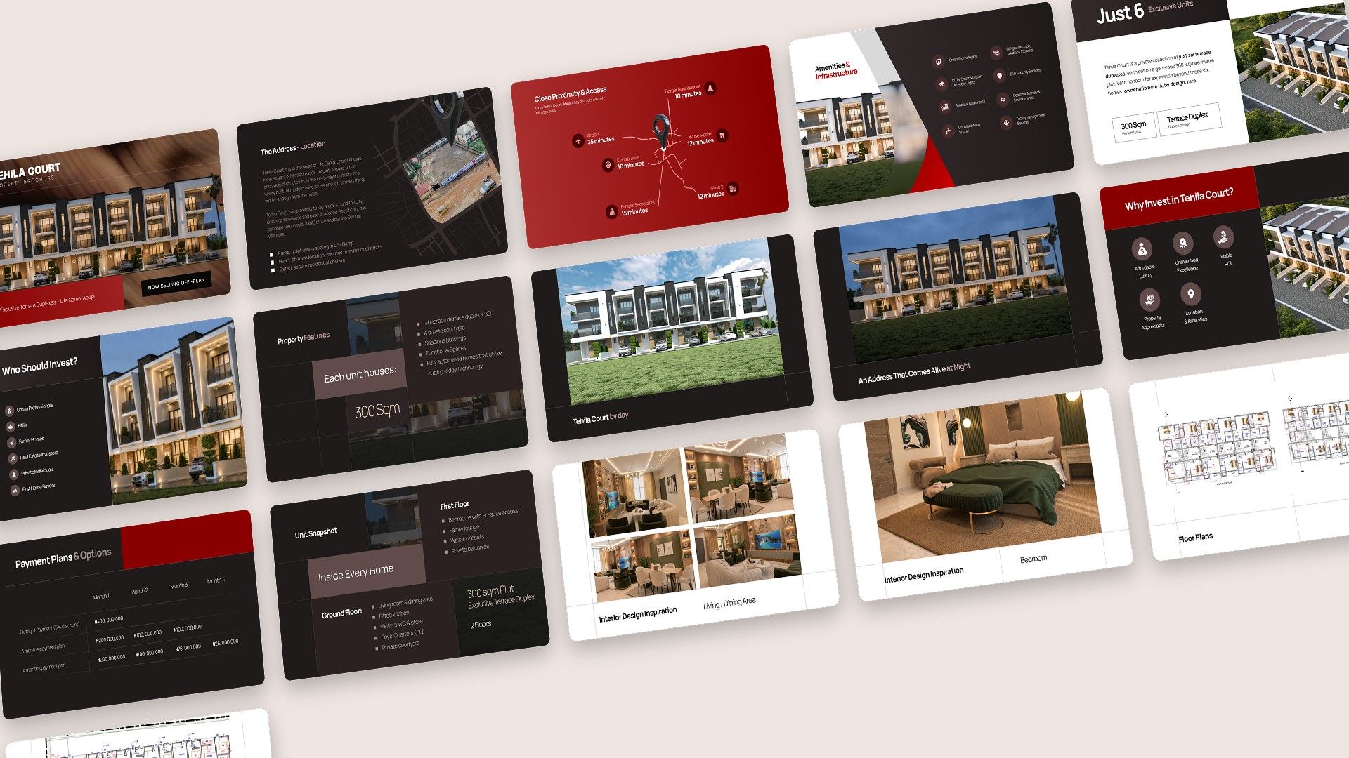 Every slide of the Tehila Court property brochure in burgundy and charcoal, laid out on a tilted plane