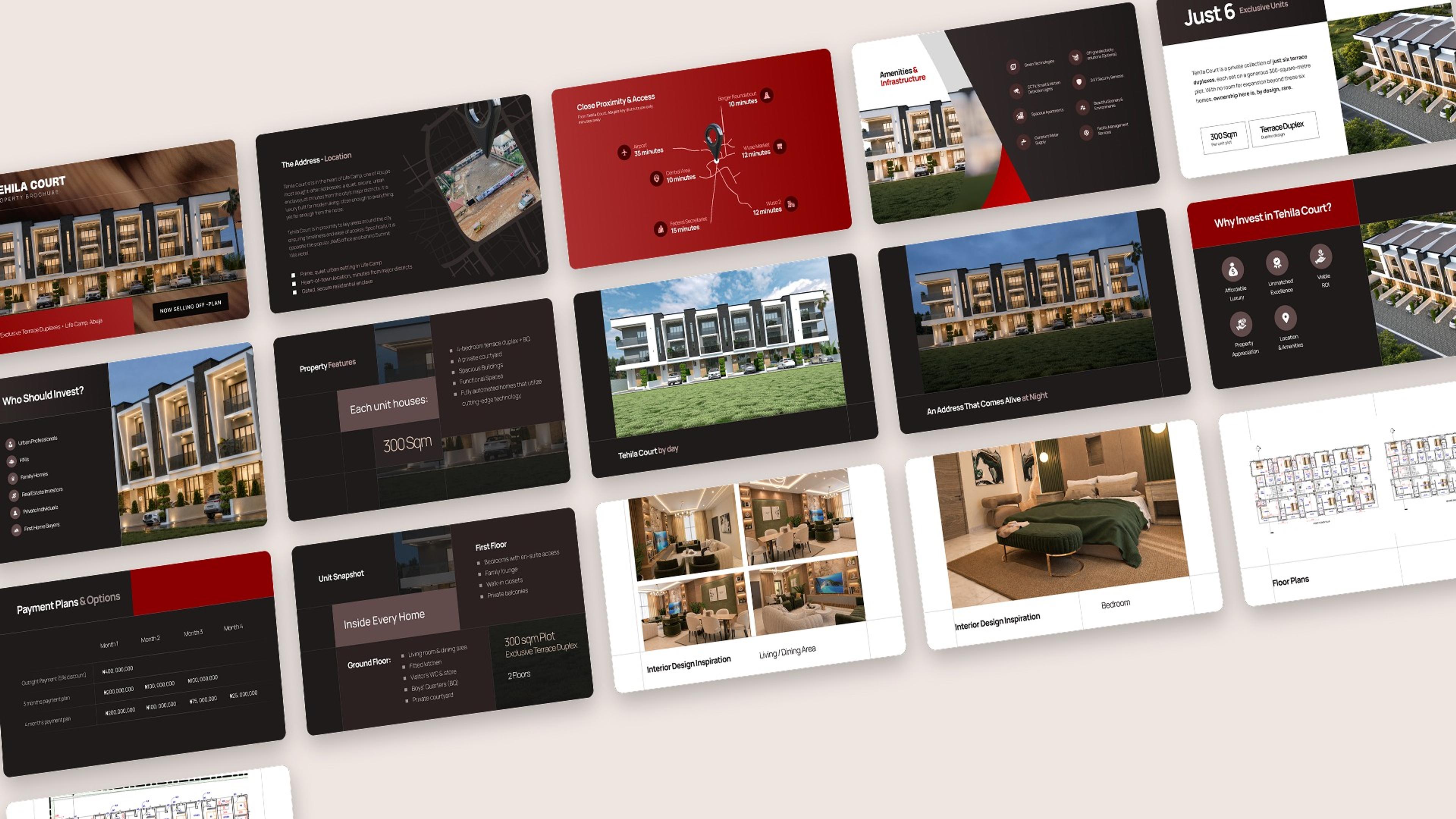 Every slide of the Tehila Court property brochure in burgundy and charcoal, laid out on a tilted plane