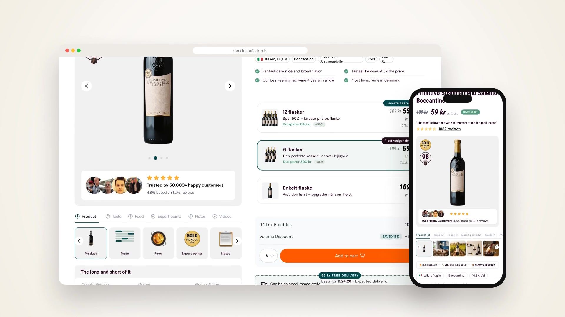 The redesigned wine product page in a browser beside the mobile version on a phone